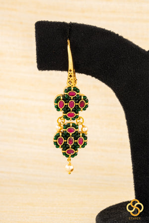 Jadau Kundan Hook earrings - Emerald Green and Ruby Red stones