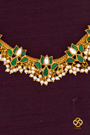 925 Silver - Five Lotus Necklace Set - Emerald Green with Pearls