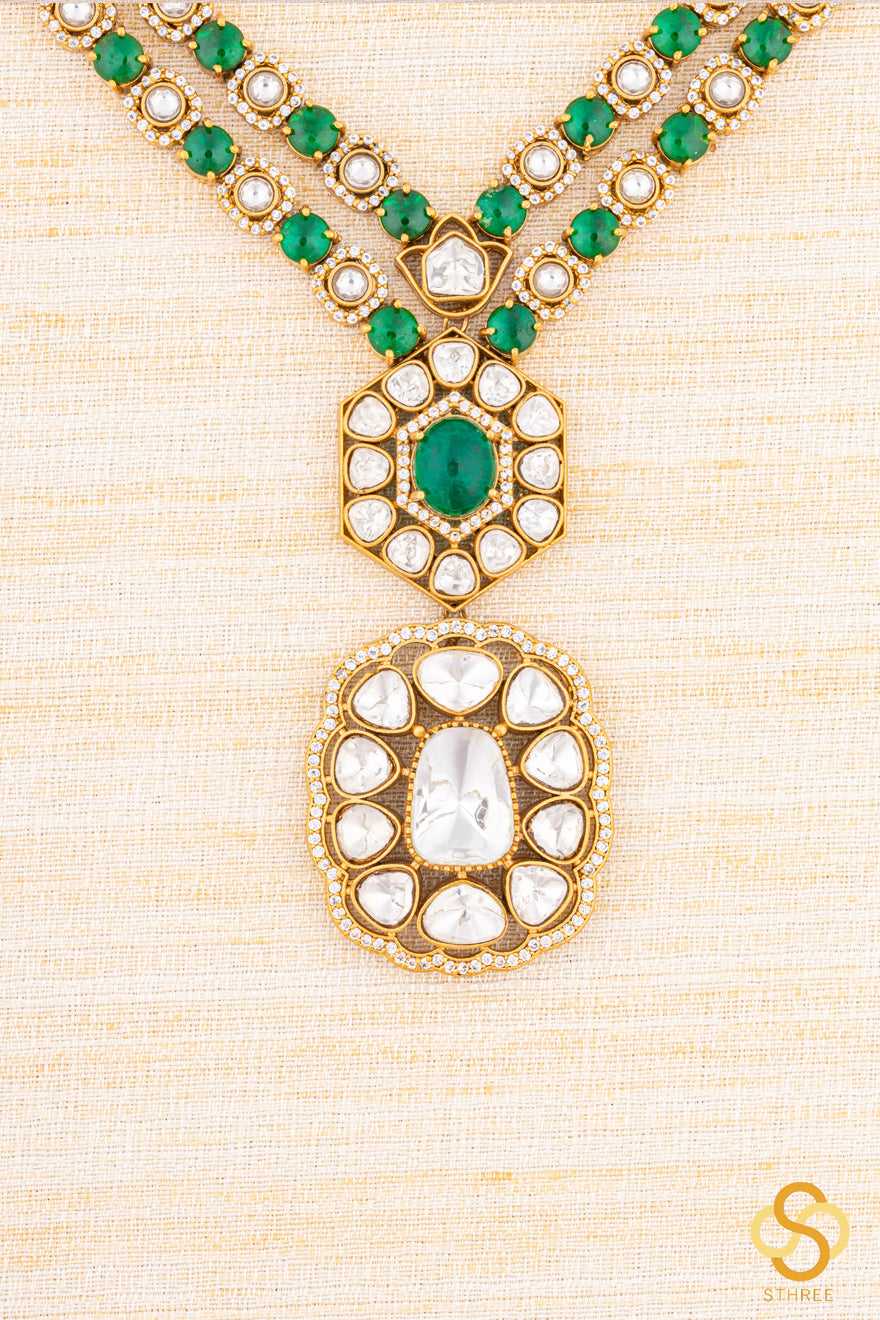 Two Liner Moissanite and Emerald Green Necklace Set
