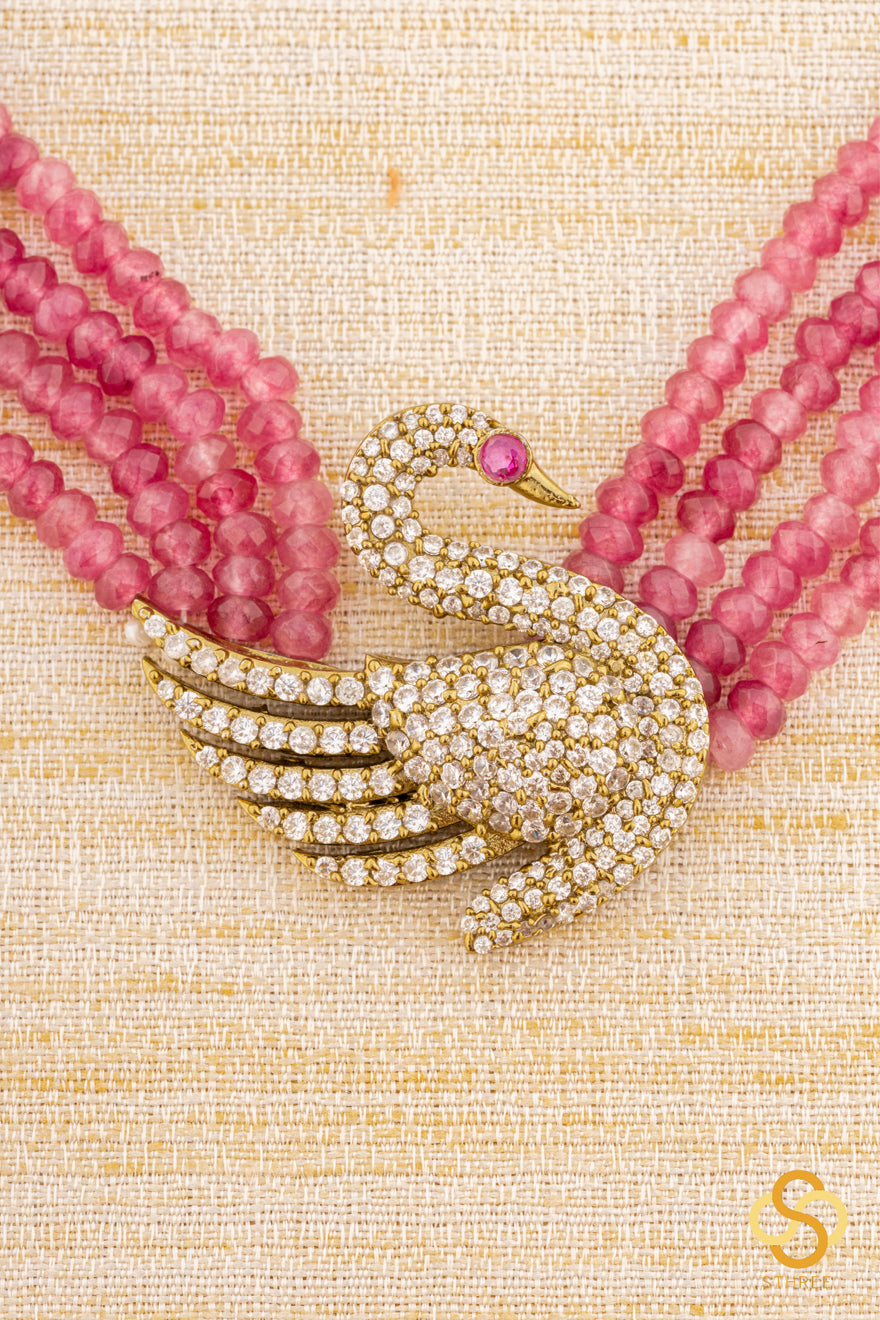 925 Silver Swan Pendant with Ruby Red Beads - Four Liner