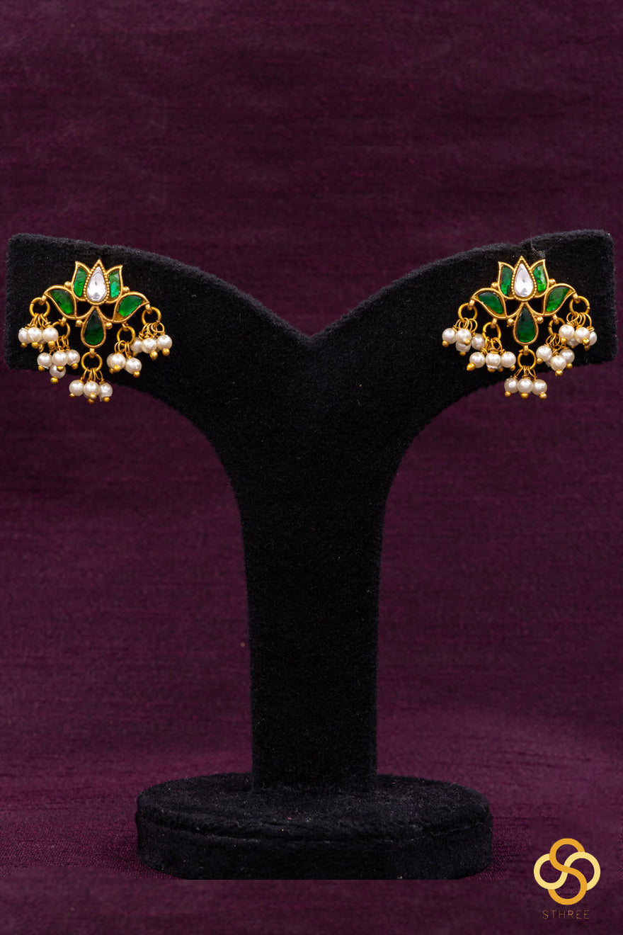 925 Silver - Five Lotus Necklace Set - Emerald Green with Pearls