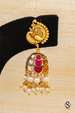 Mayil Jhumkas - Navarathna  with Pearls