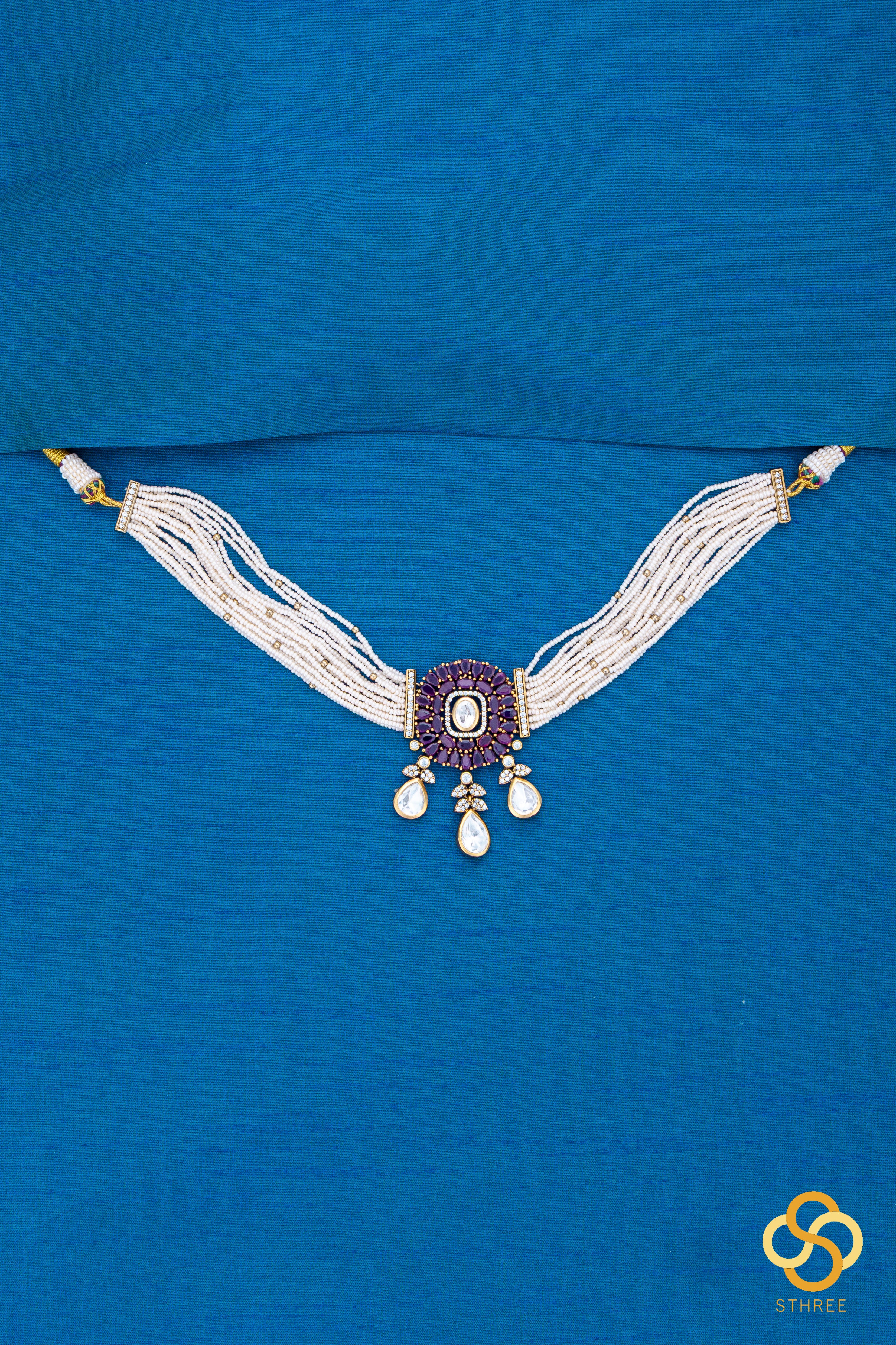Pearl Choker in Jadau kundan pendant - Amethyst