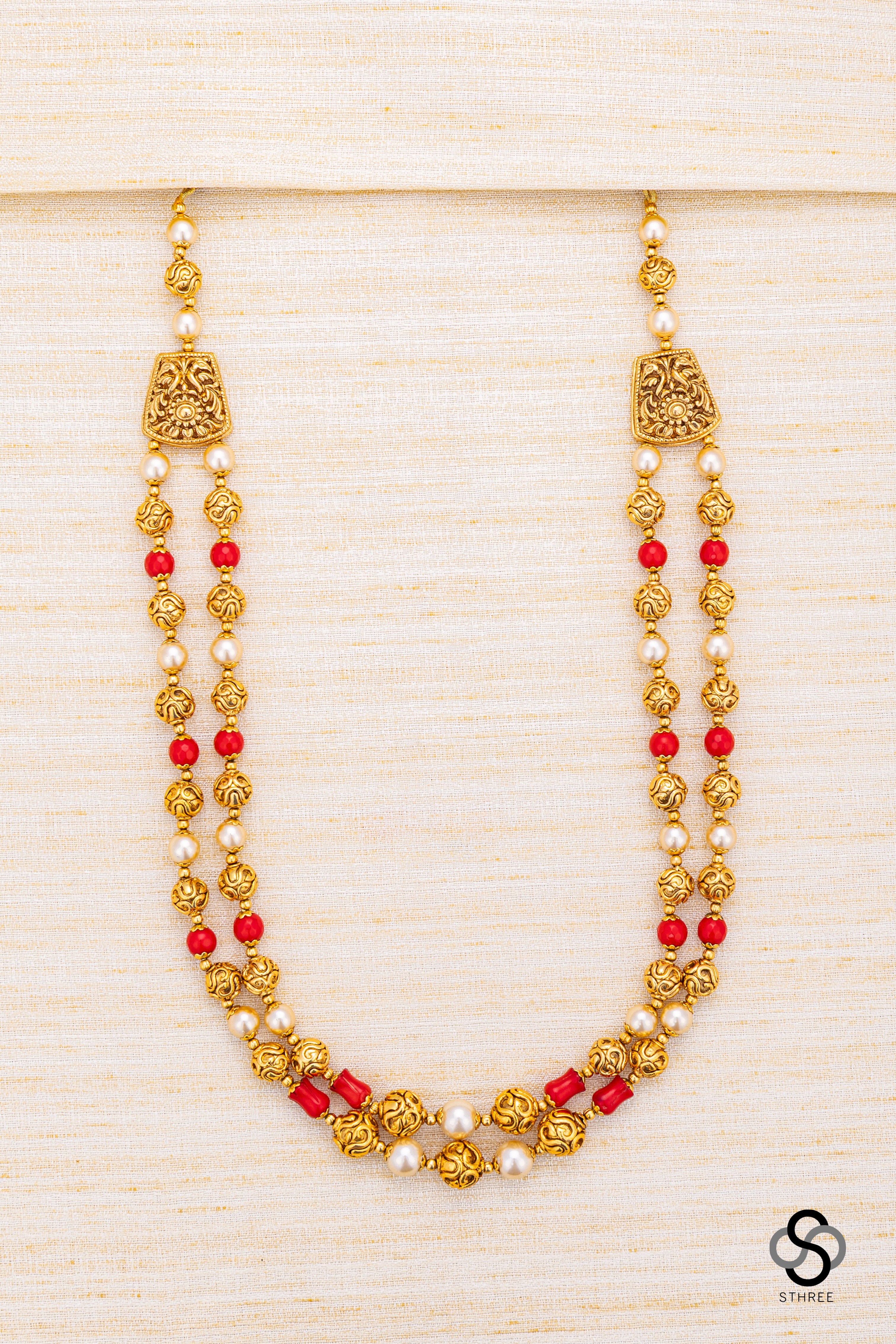 Two liner gold balls with pearls and coral