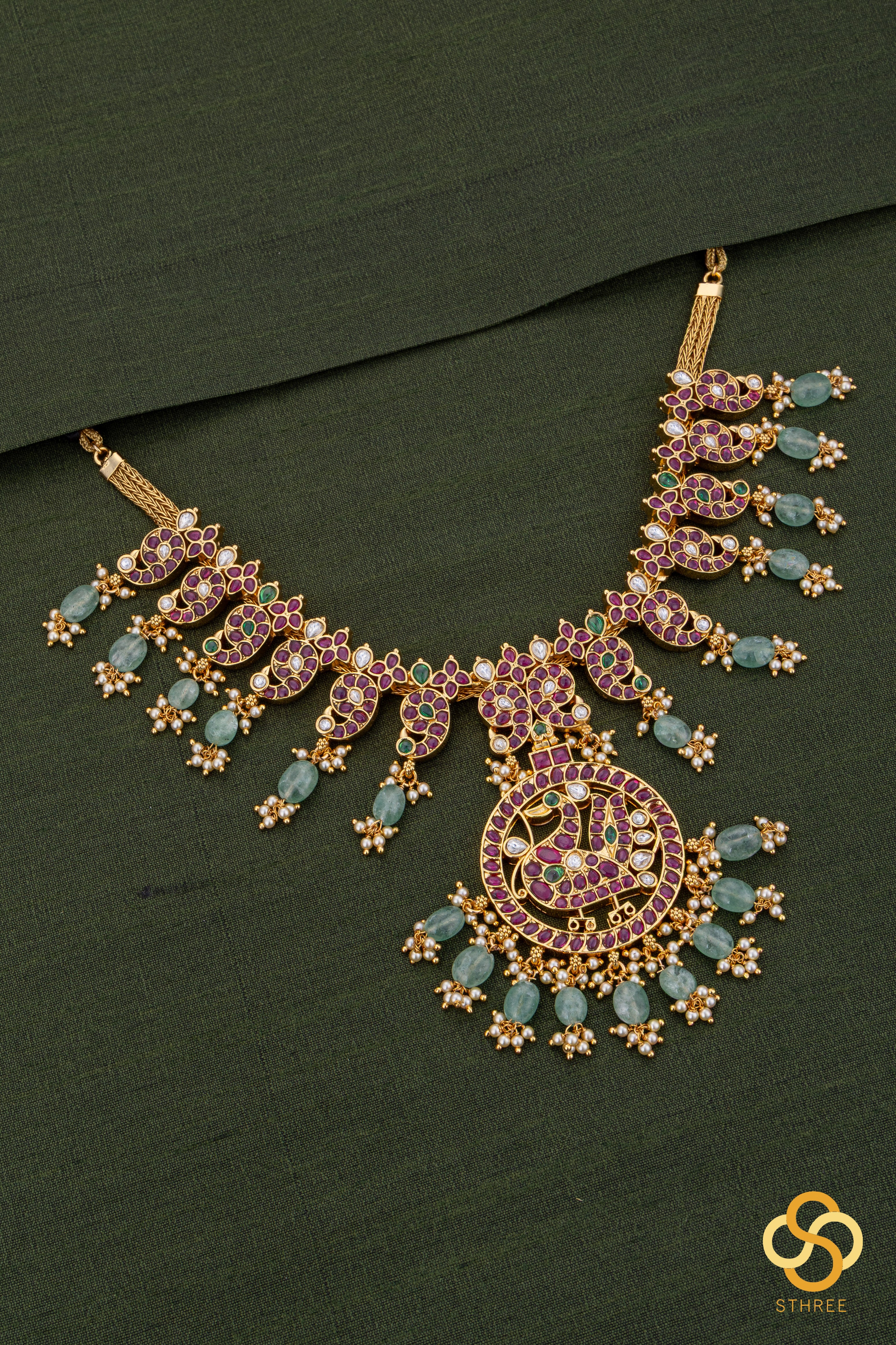 Jadau kundan with Mayil pendent Necklace  - Ruby red with green beads