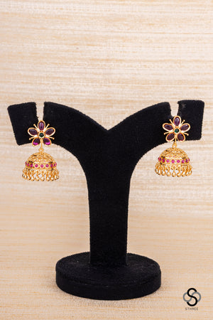 Five stone jhumkas with ruby pink
