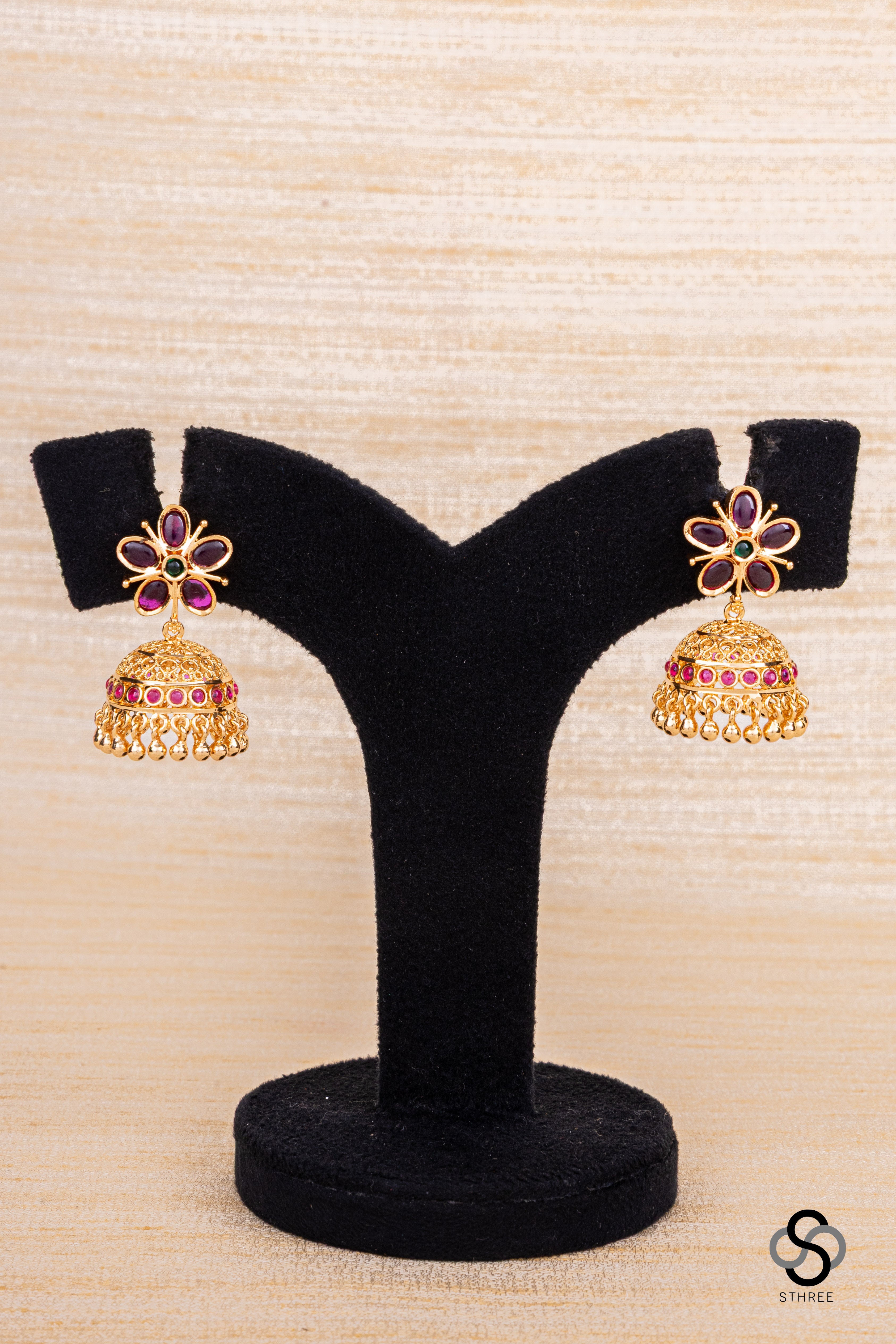 Five stone jhumkas with ruby pink