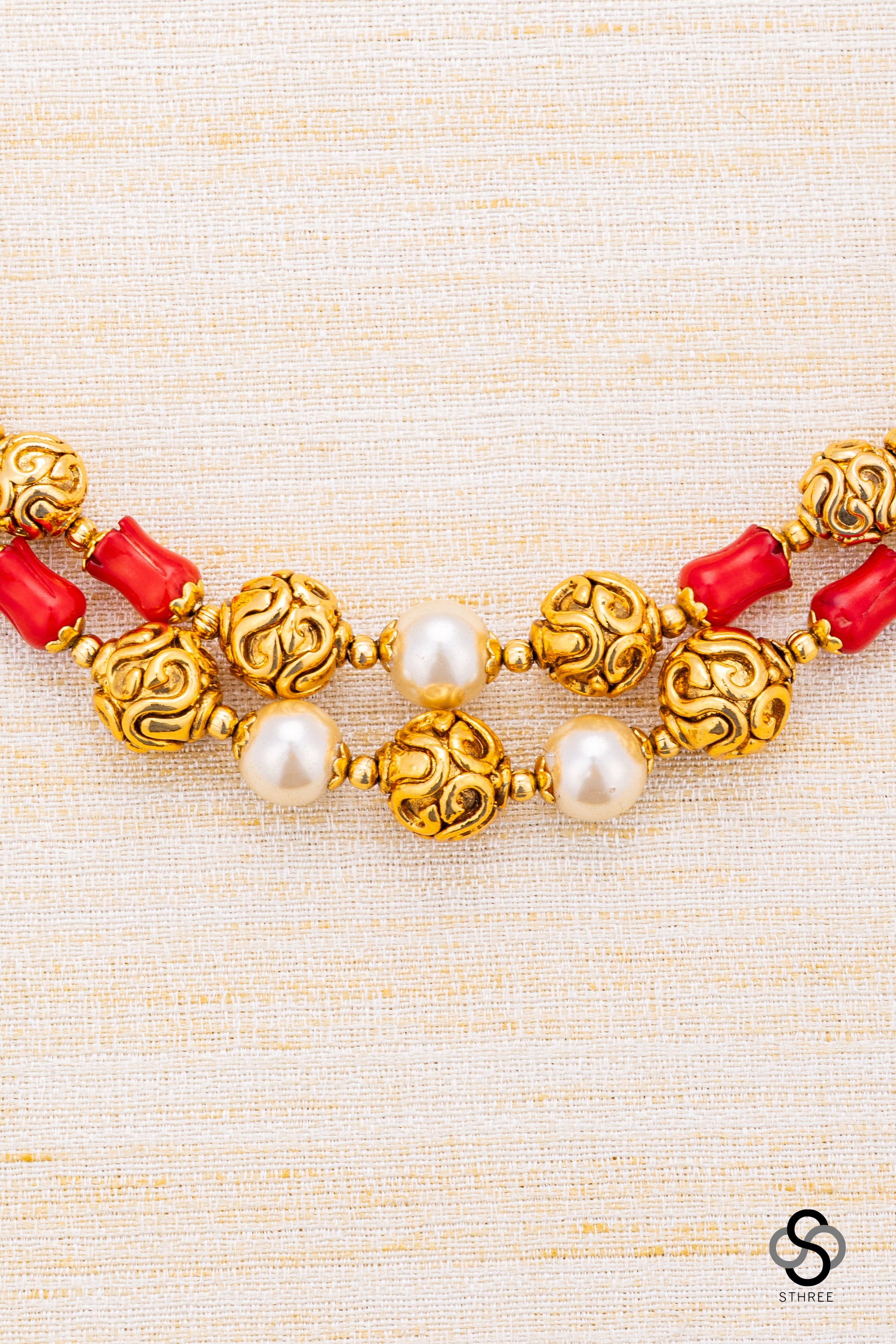 Two liner gold balls with pearls and coral