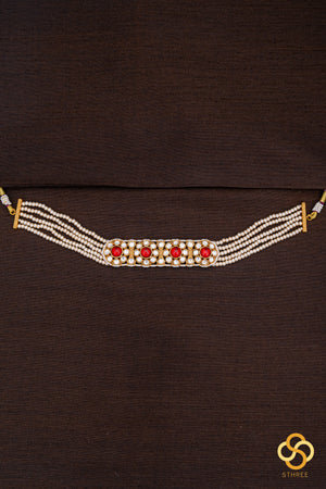 Pearl Choker in Jadau kundan pendant - ruby red