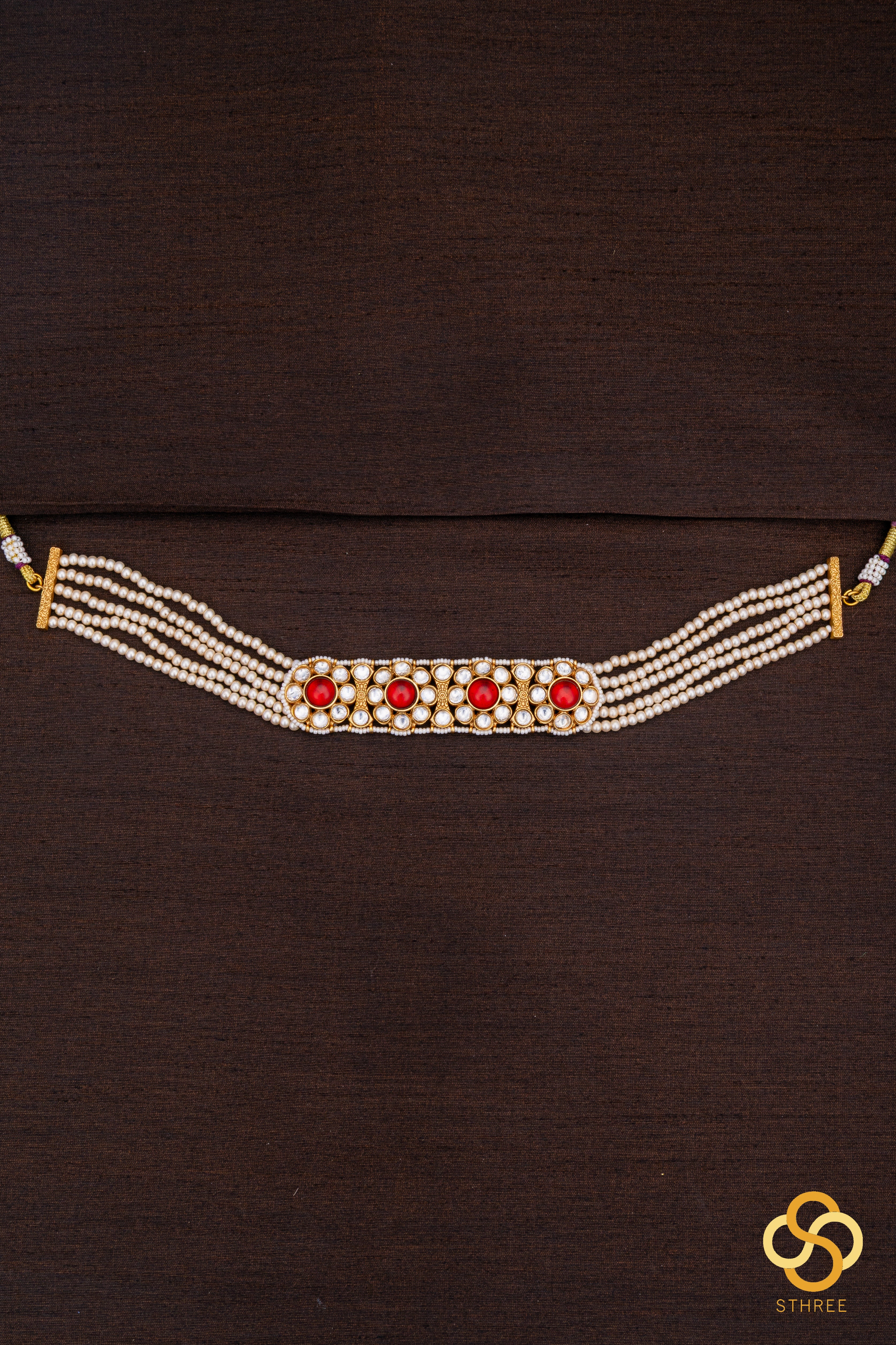 Pearl Choker in Jadau kundan pendant - ruby red