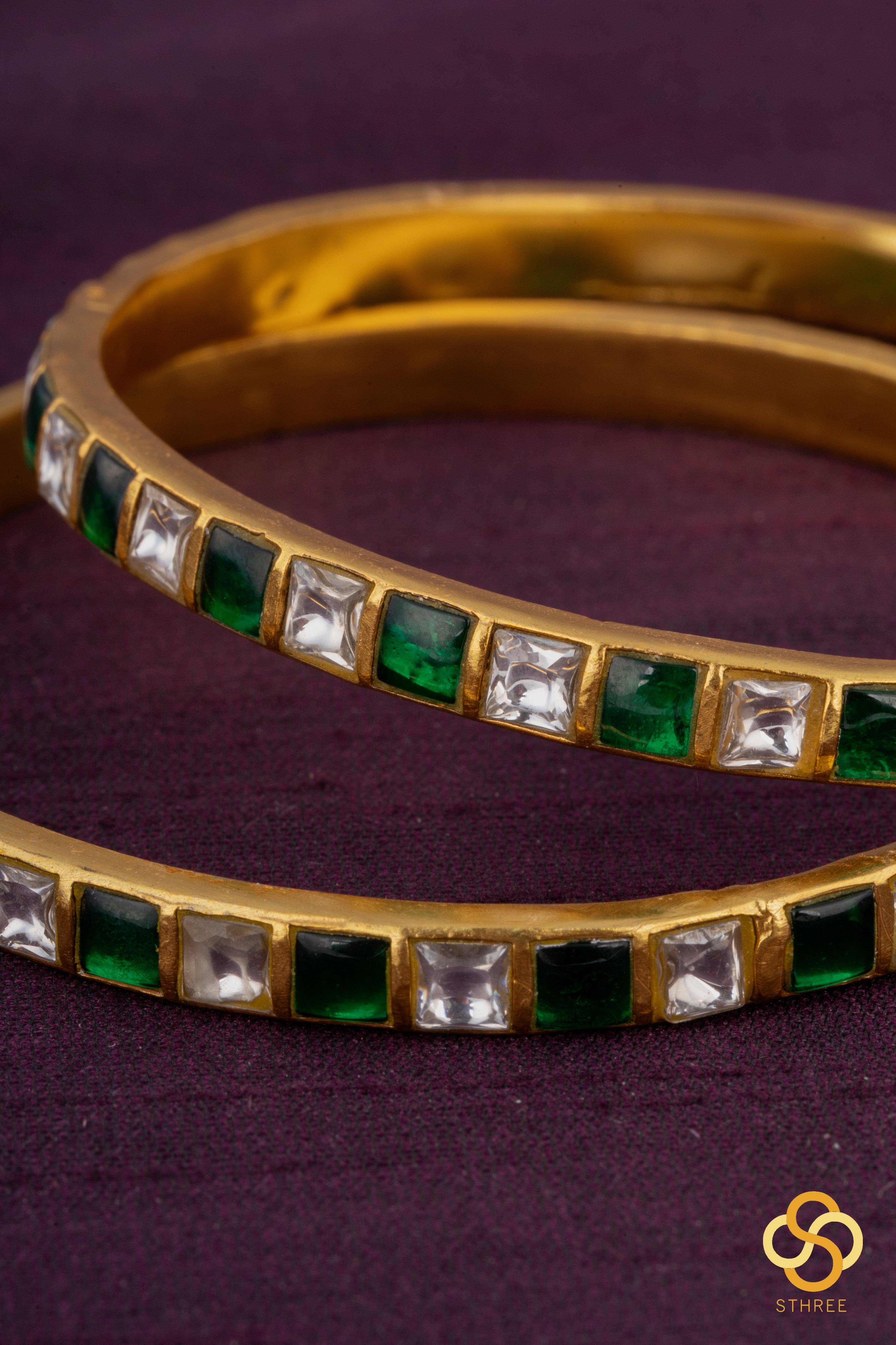 White and Emerald Green square bangles - Set of 2