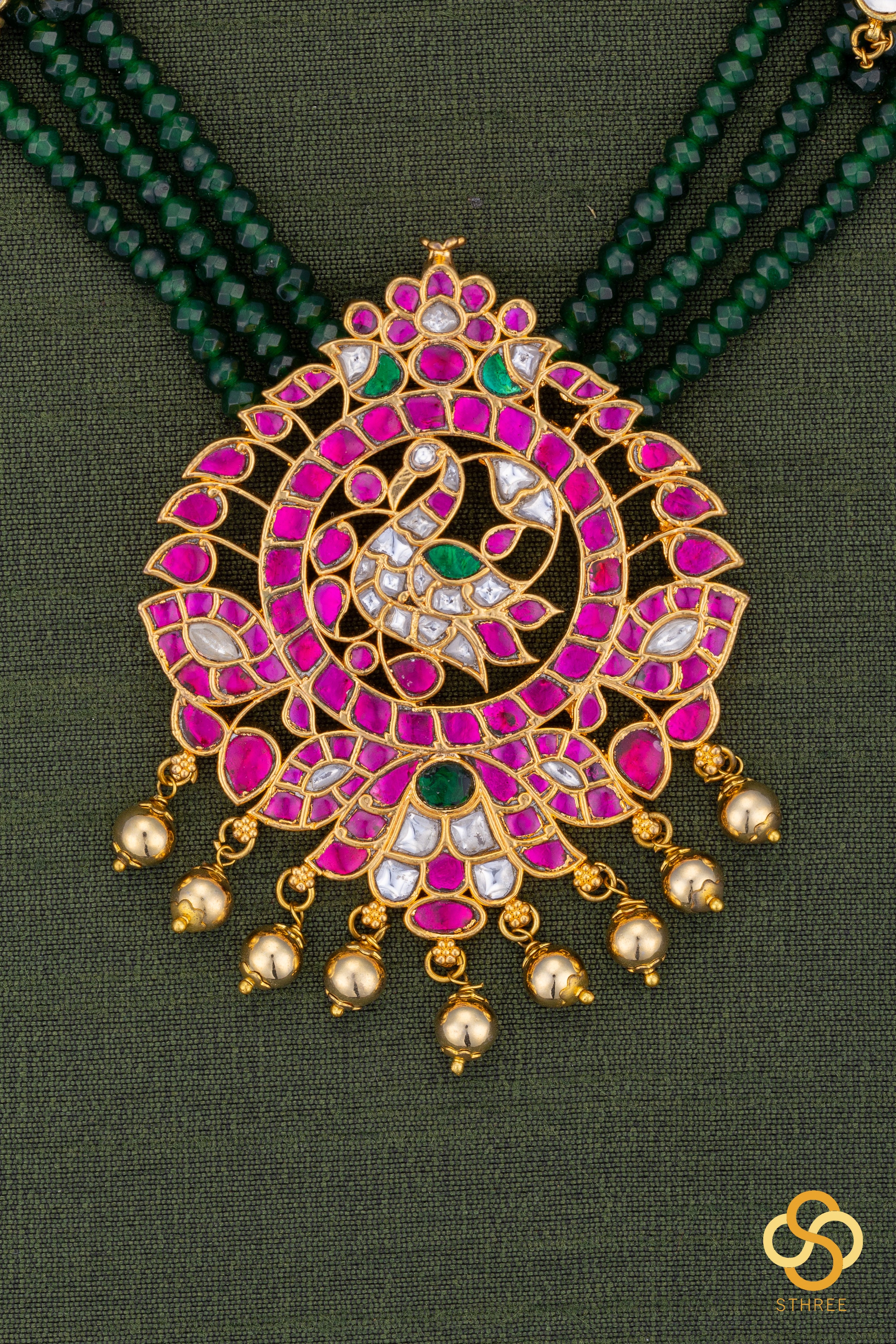 Mayil pendent with green beads - Ruby red with Emerald green