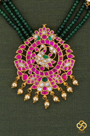 Mayil pendent with green beads - Ruby red with Emerald green