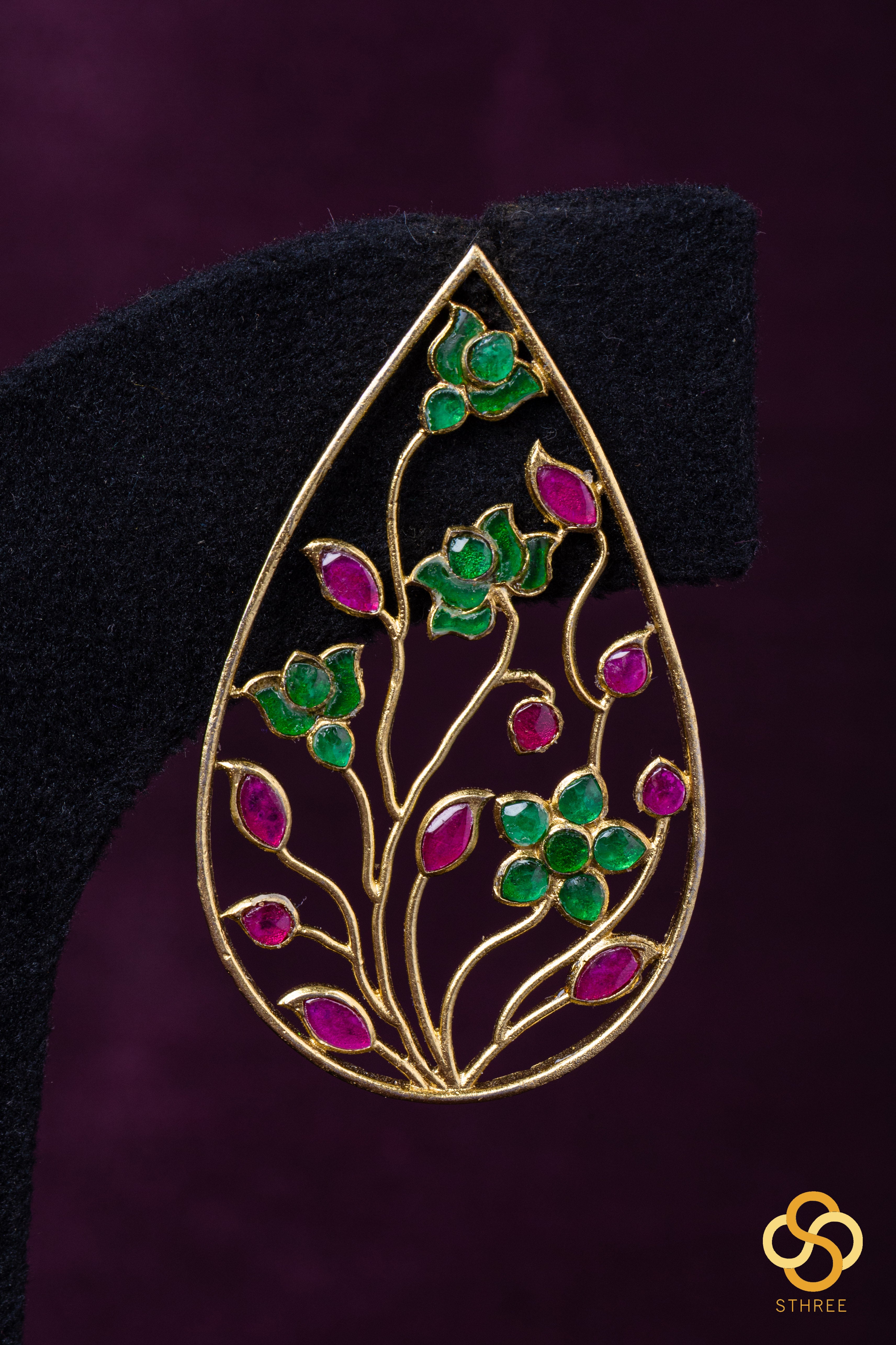 Jadau kundan earrings - Emerald colour flowers and ruby red