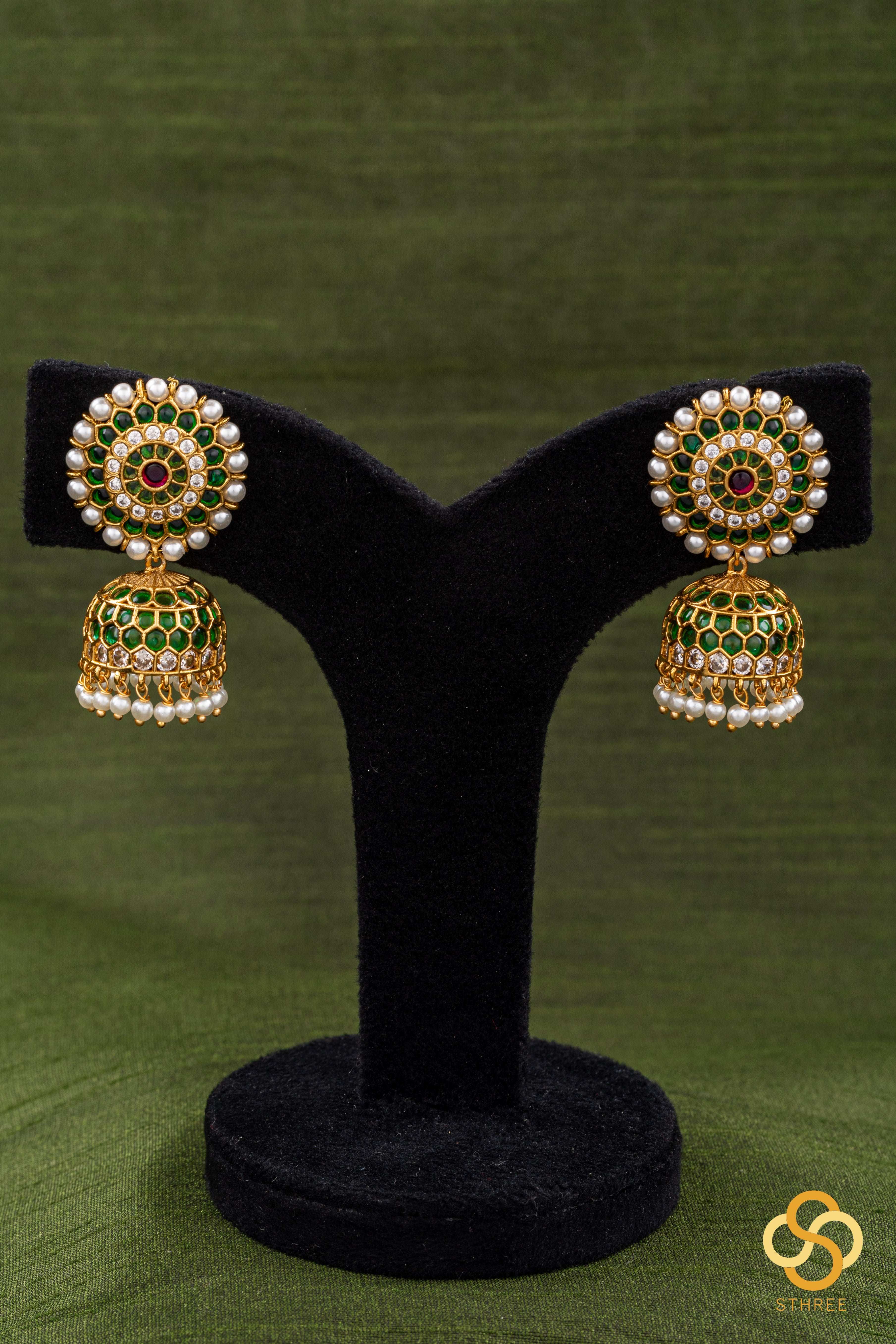 Emerald green and pearl jhumkas