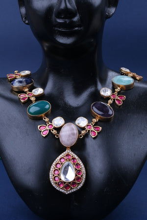 Multi Colour Cabochons with Jadau Kundan Pendant