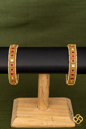 Ruby red with pearls kada  (openable pattern) - Set of 2