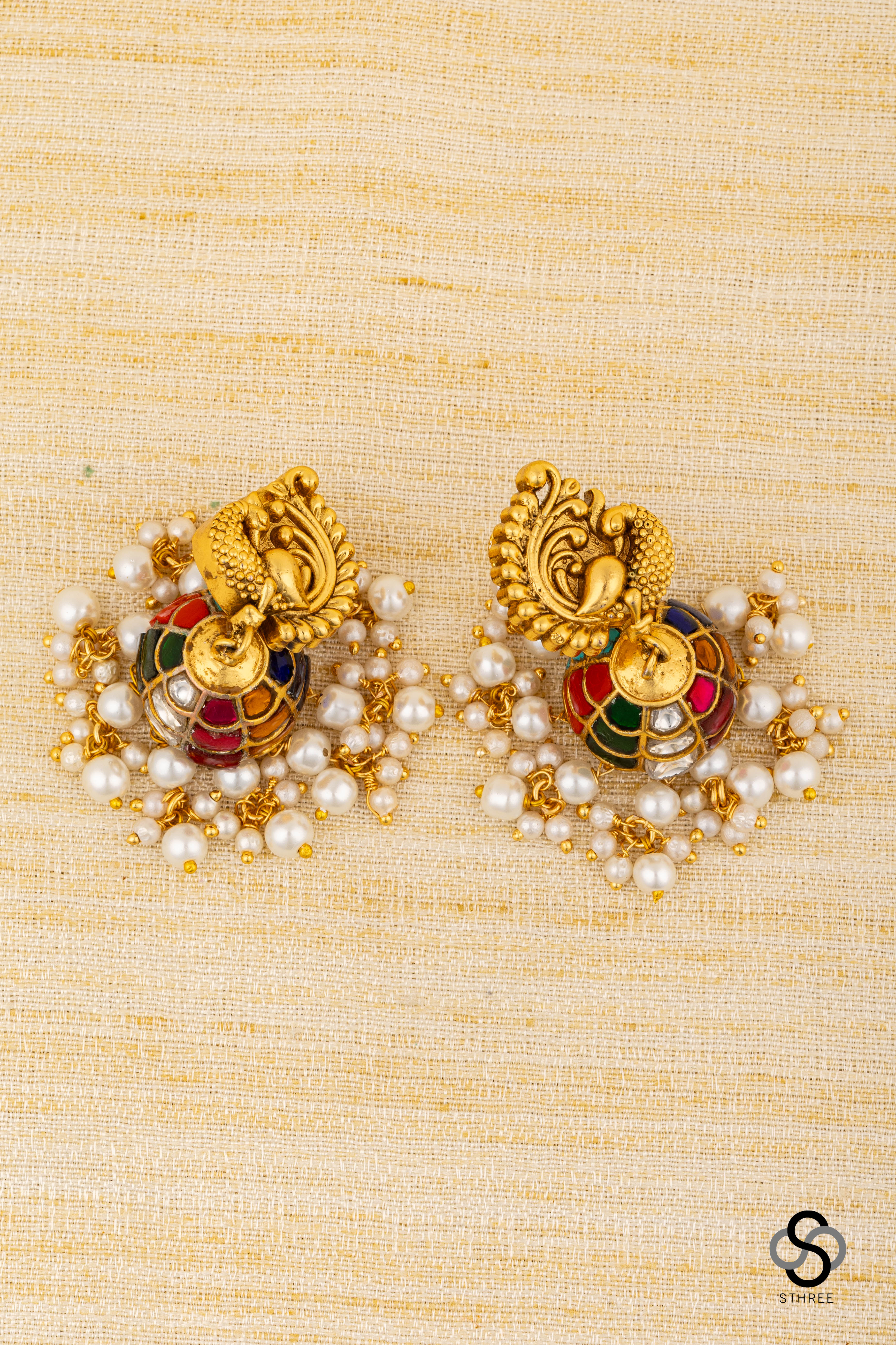 Mayil Jhumkas - Navarathna  with Pearls