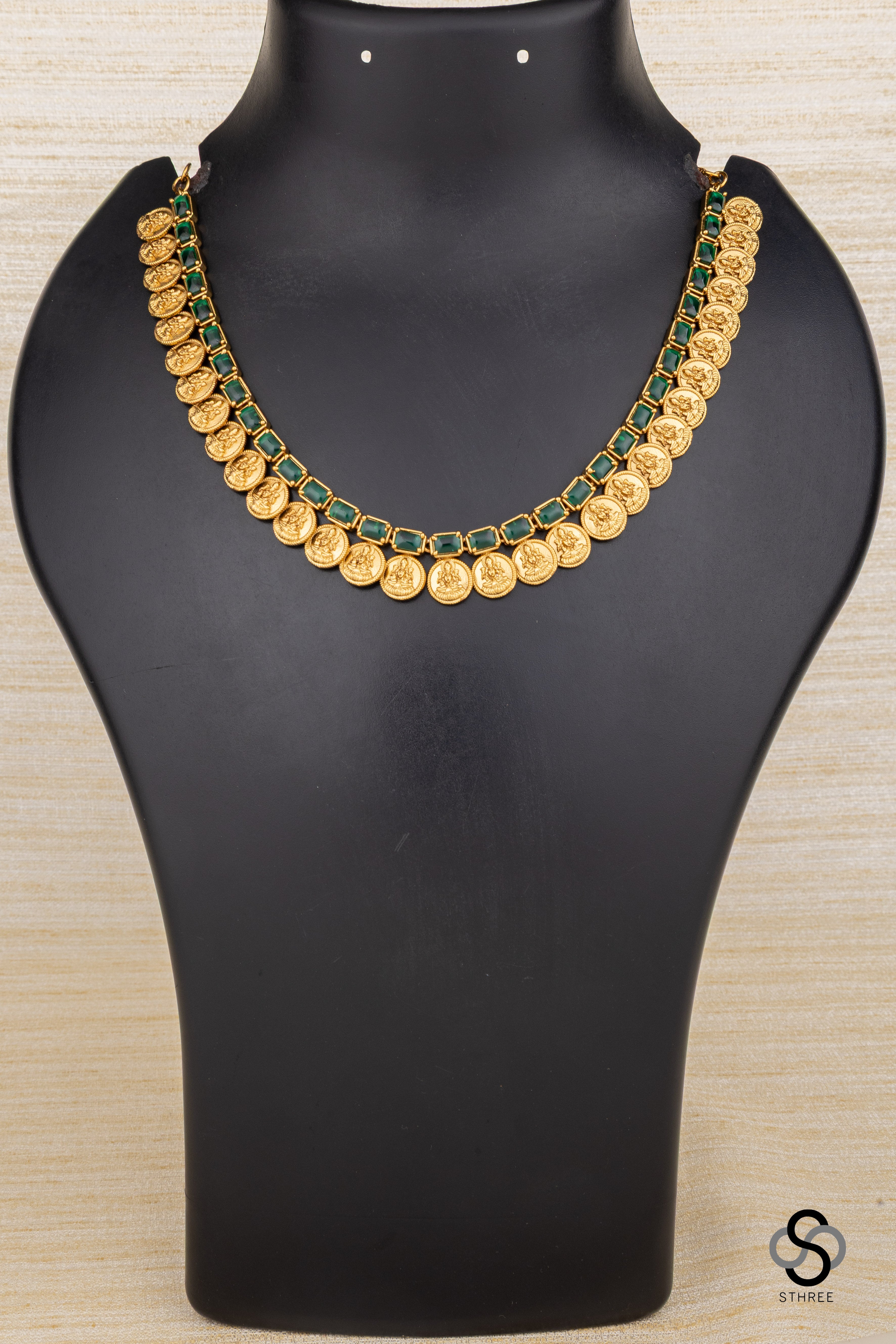 Lakshmi coins with rectangular stone - Emerald green