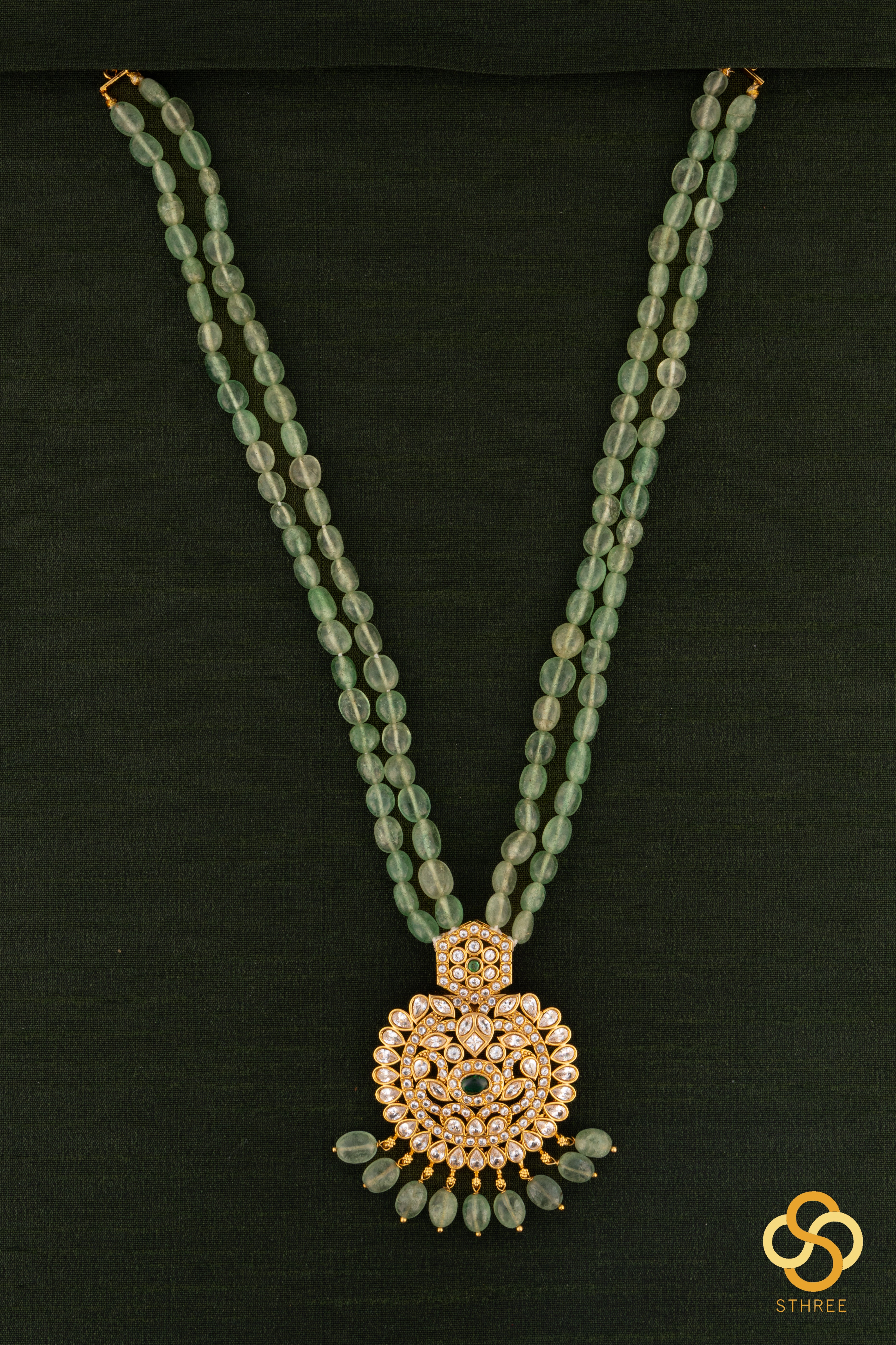 Jadau kundan necklace with two line green beads