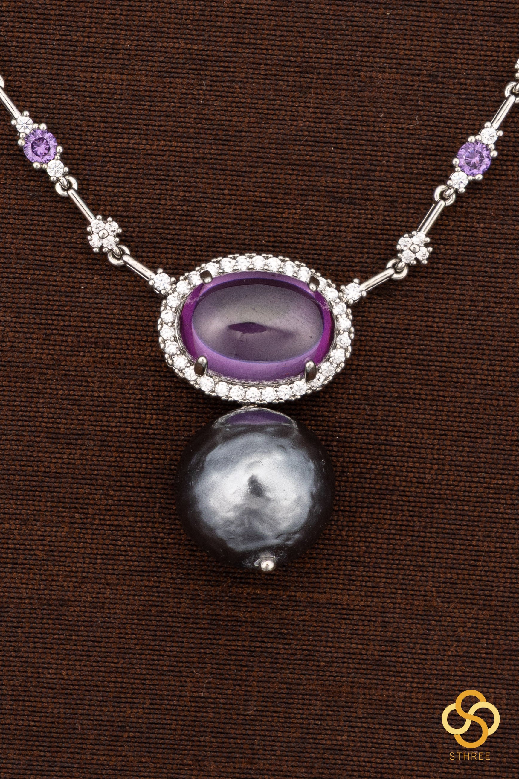 Zircon and amethyst  necklace set, with pearl hanging