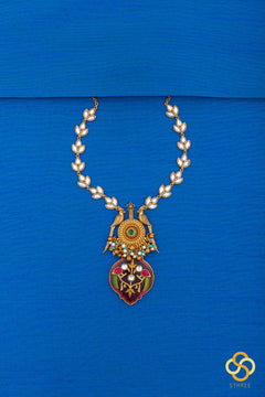 Jadau kundan necklace - Handmade parrot pendant in red onyx