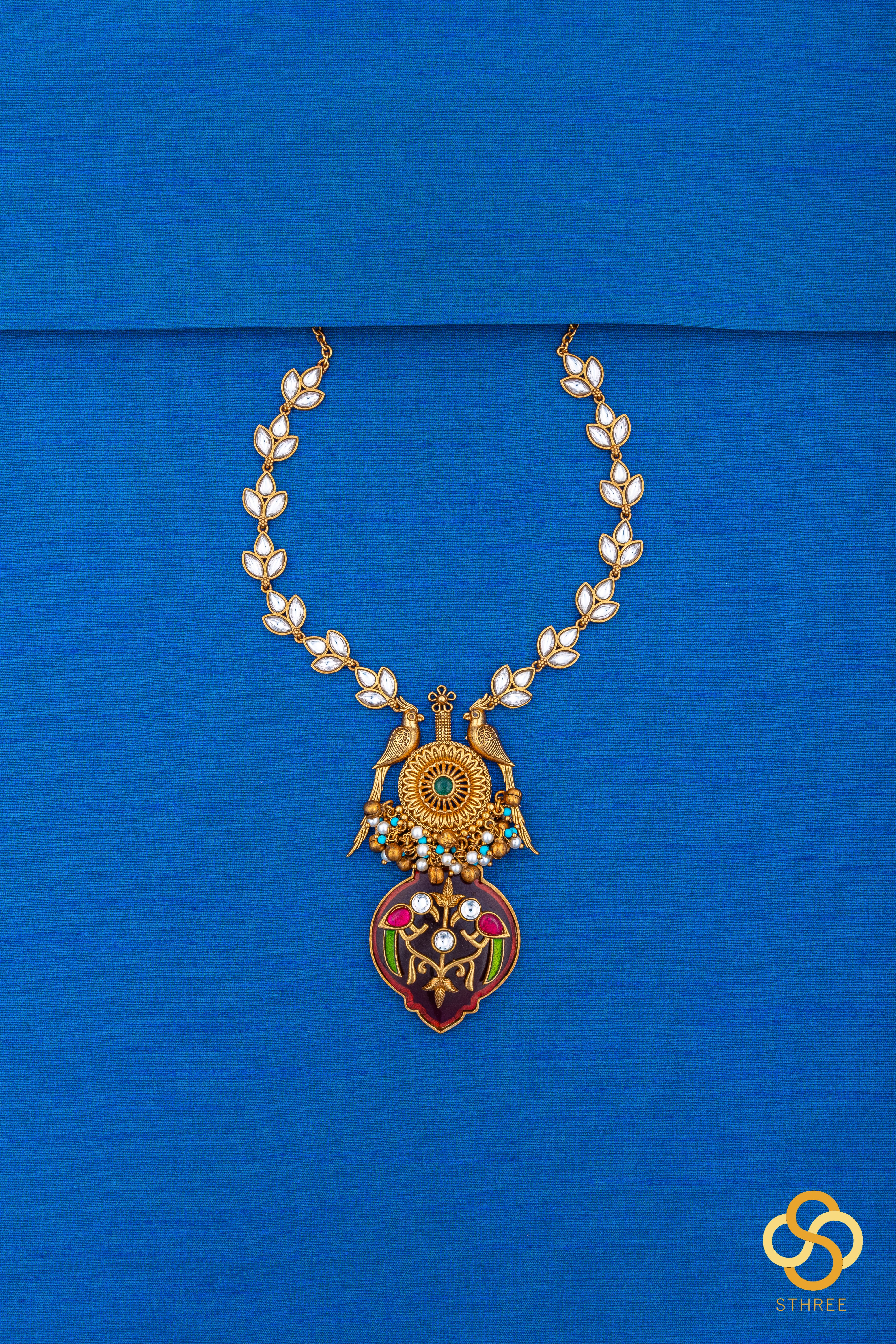 Jadau kundan necklace - Handmade parrot pendant in red onyx