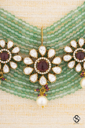 Zircon and Flower haram - Antique finish gold with green beads