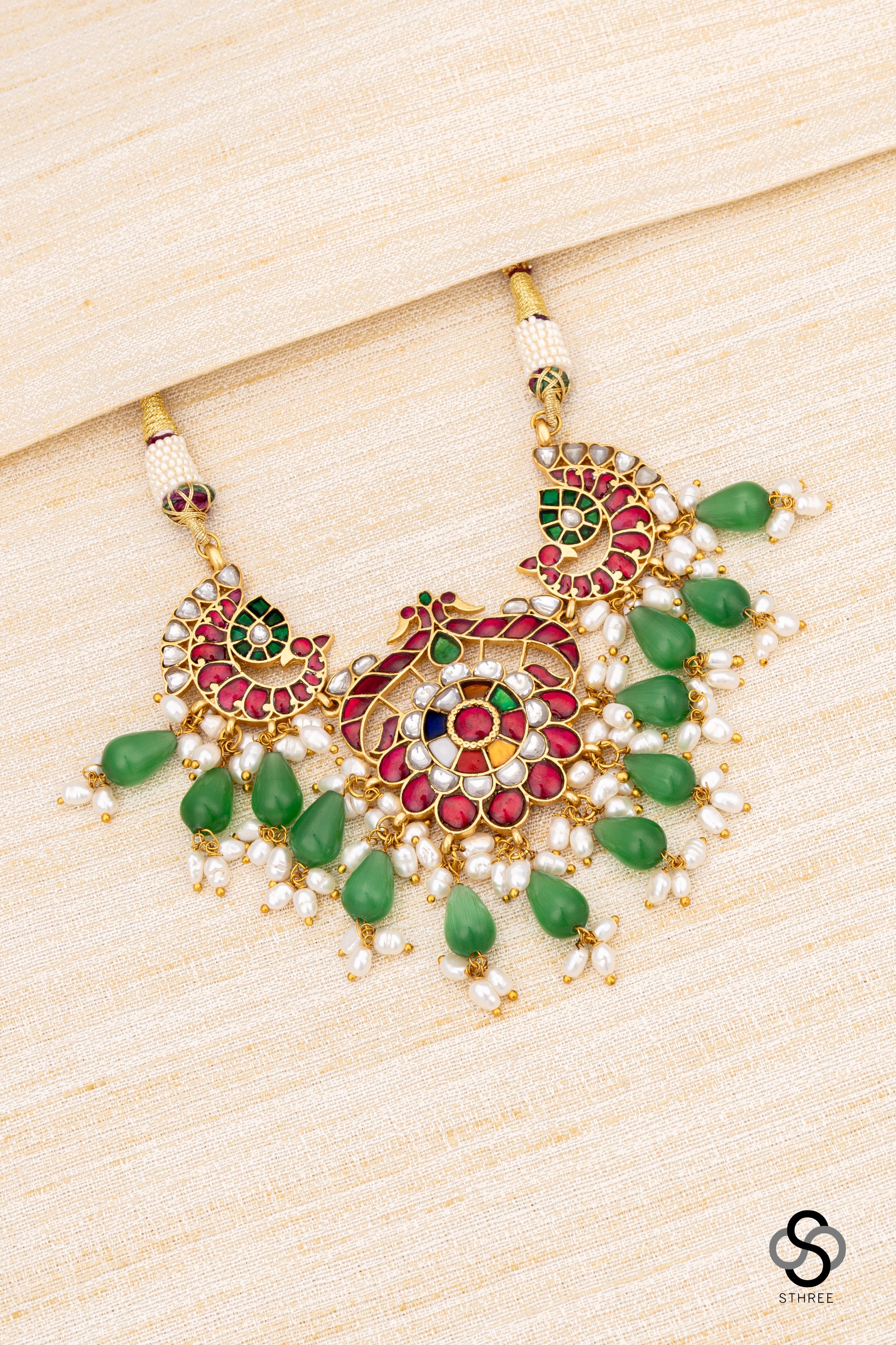 Double Peacock Pendent with Green Beads Choker - Navarathna