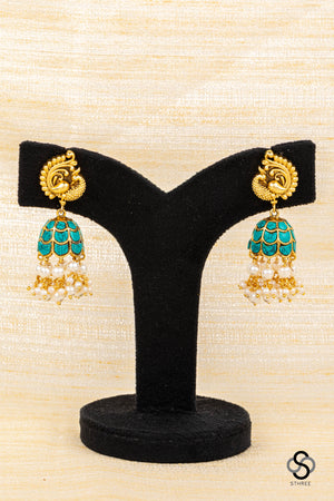 Mayil Jhumkas - Turquoise  with Pearls