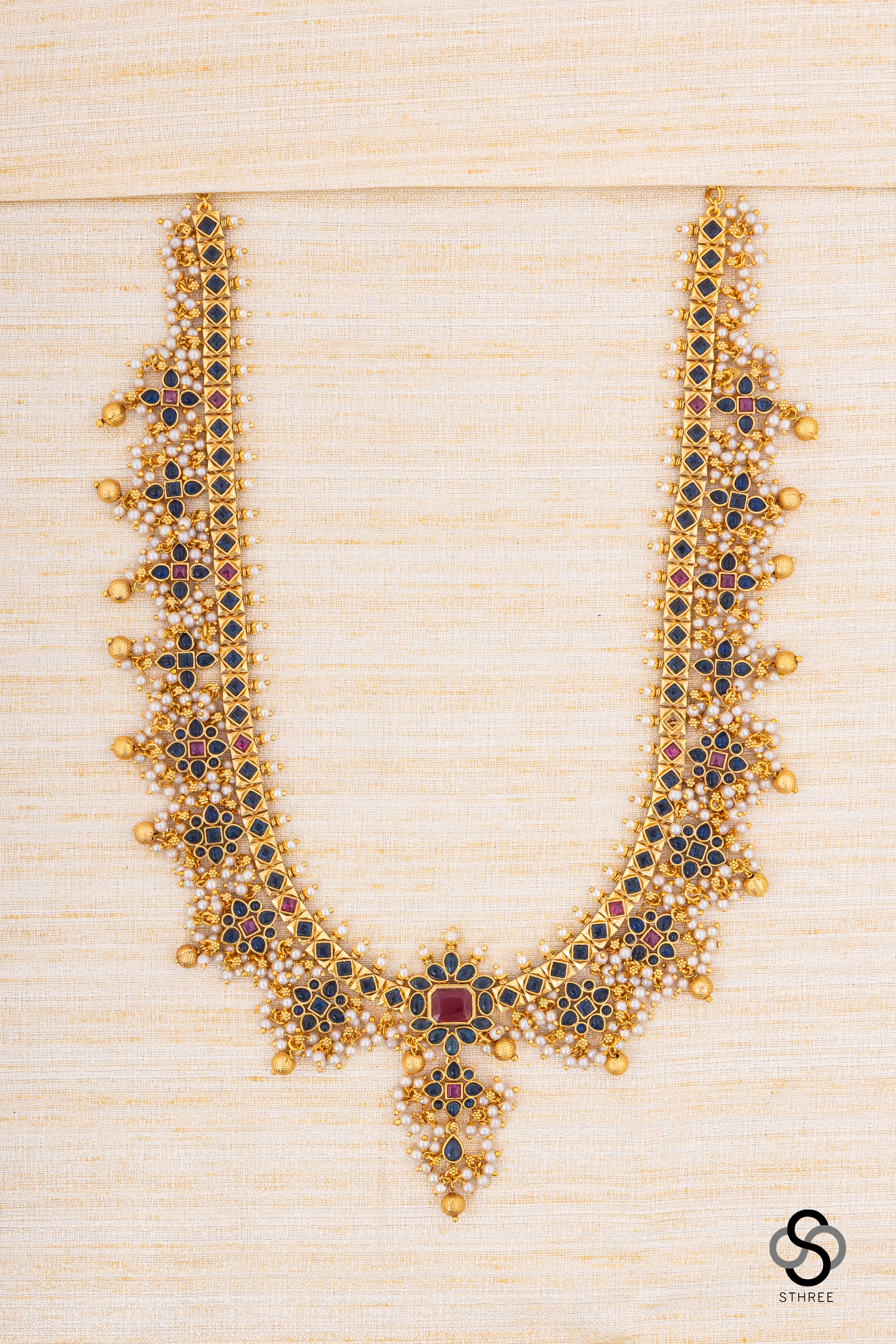 Guttapusalu Necklace set - Sapphire blue with pearl hangings [Long]