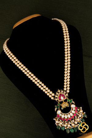Two-liner pearls with a chandbali pendant -  Ruby red and  Emerald green