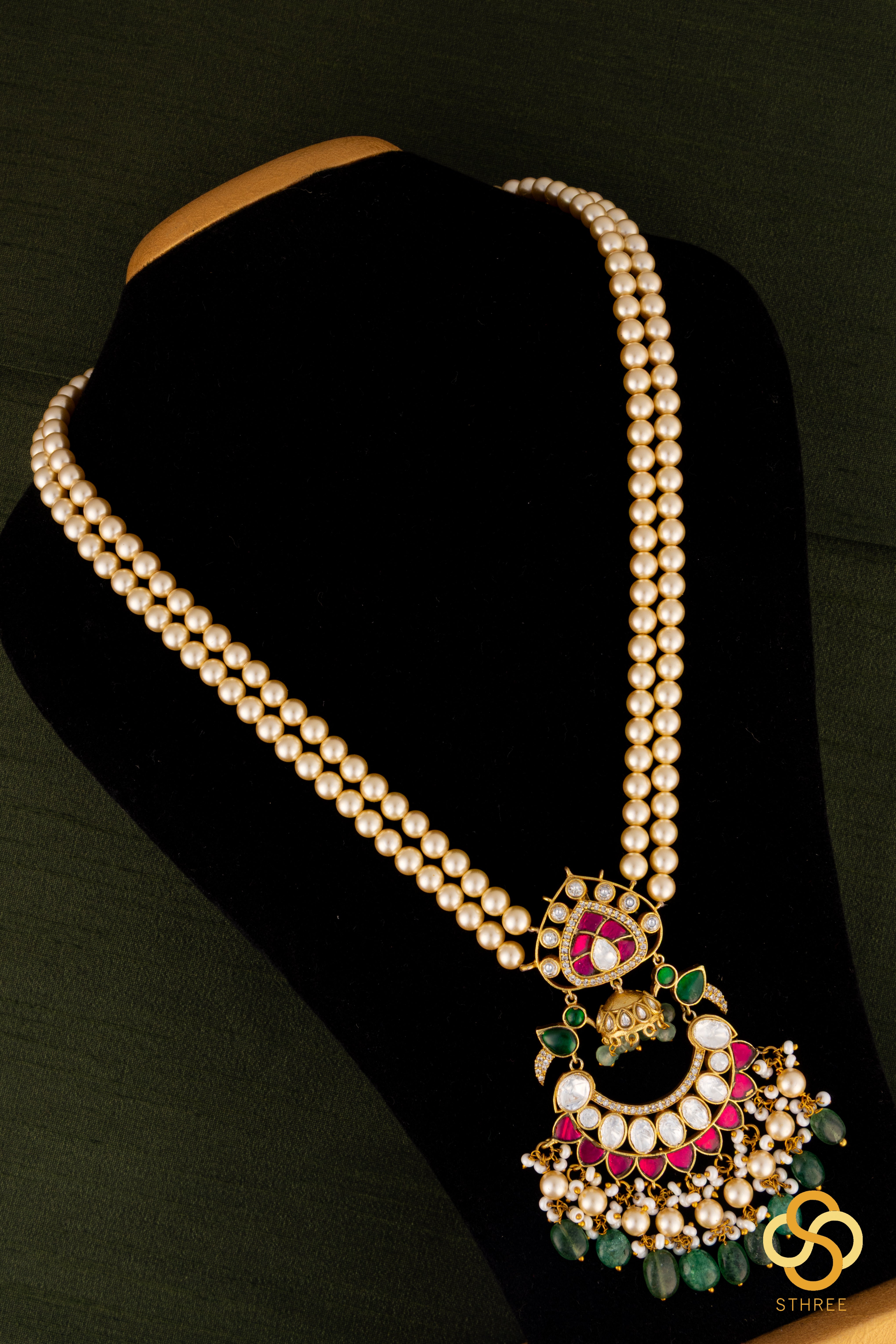 Two-liner pearls with a chandbali pendant -  Ruby red and  Emerald green
