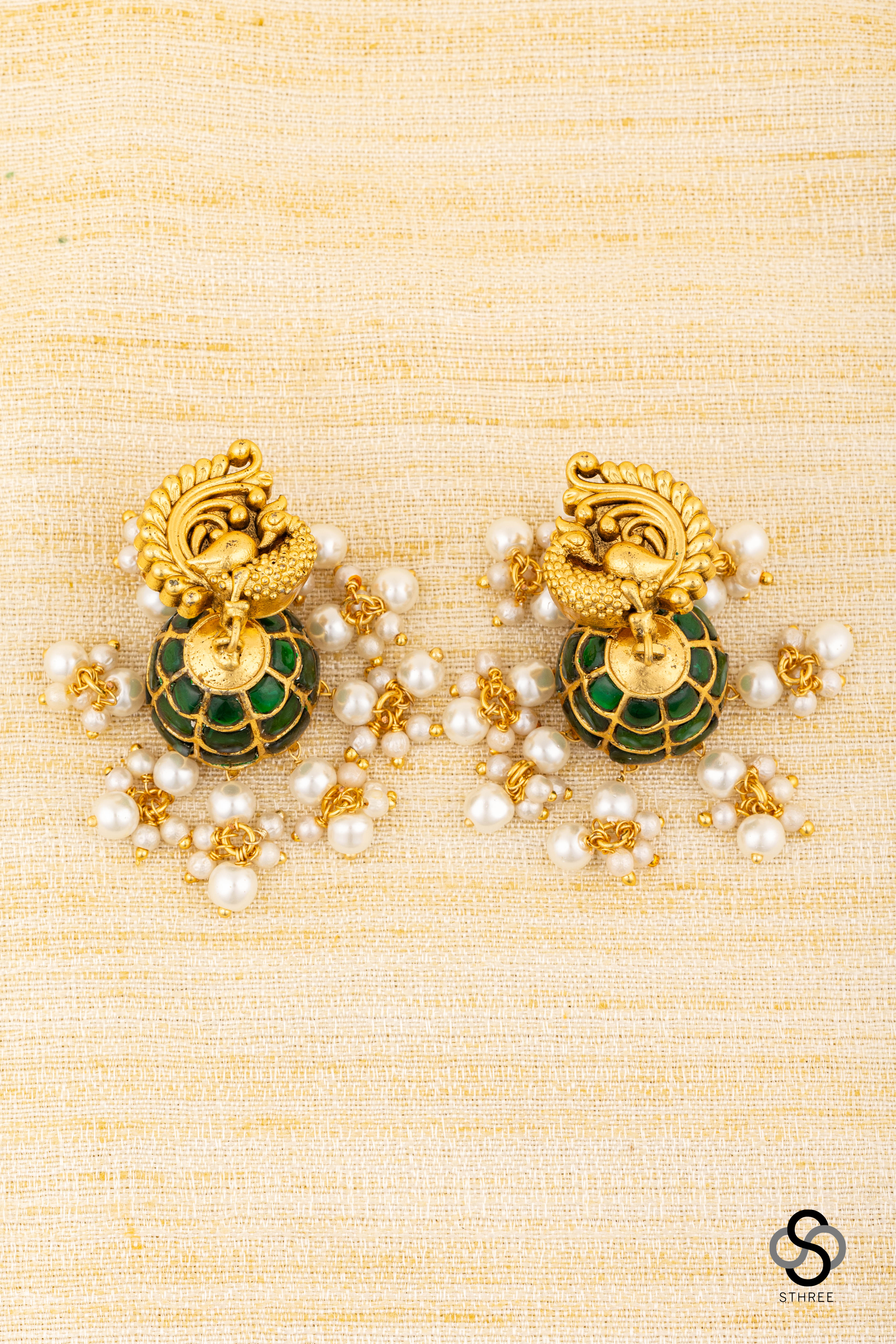 Mayil Jhumkas - Emerald green with Pearls