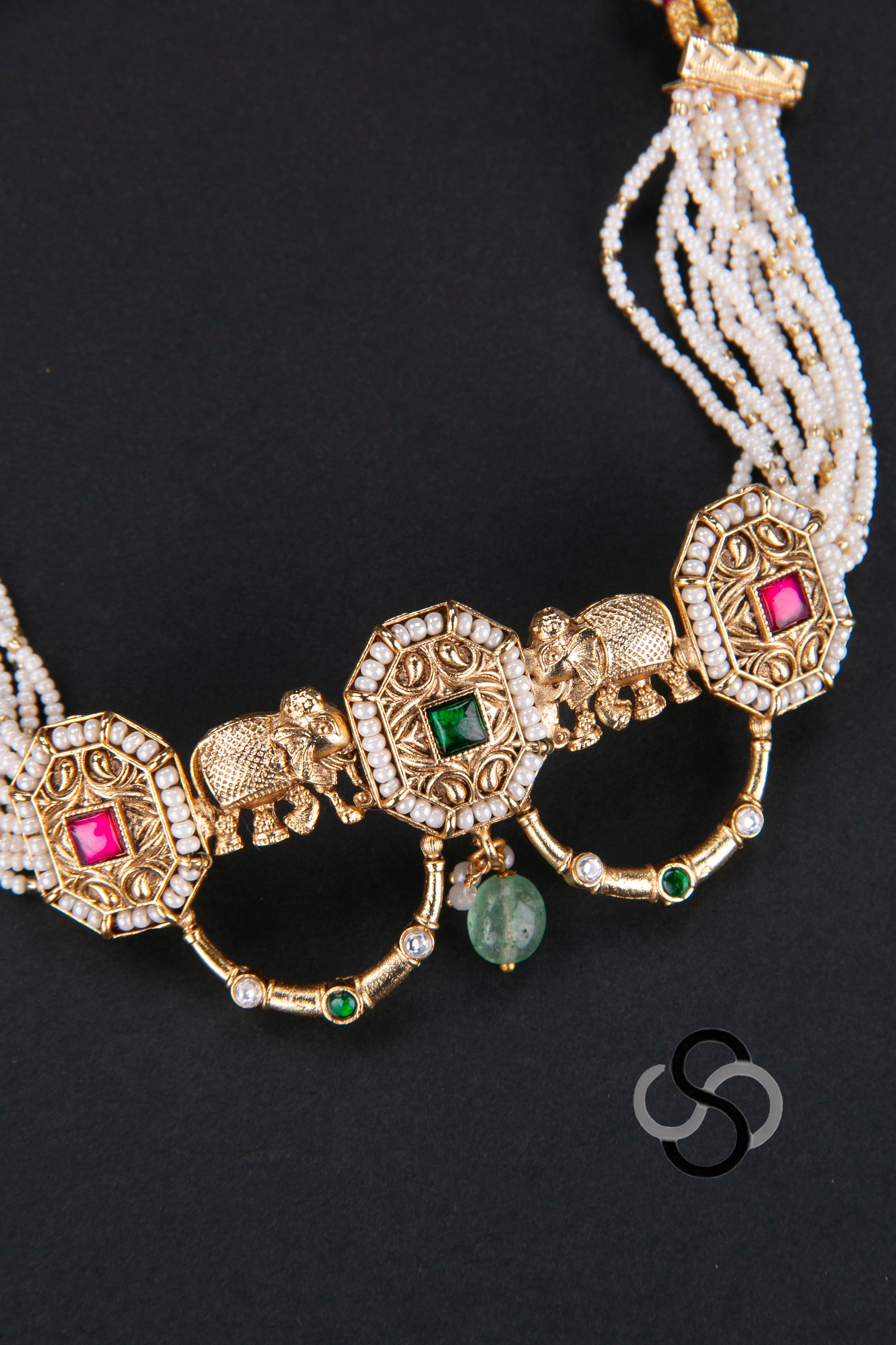 Pearl Choker with Jadau Kundan Pendant and Elephants