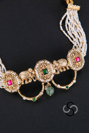 Pearl Choker with Jadau Kundan Pendant and Elephants