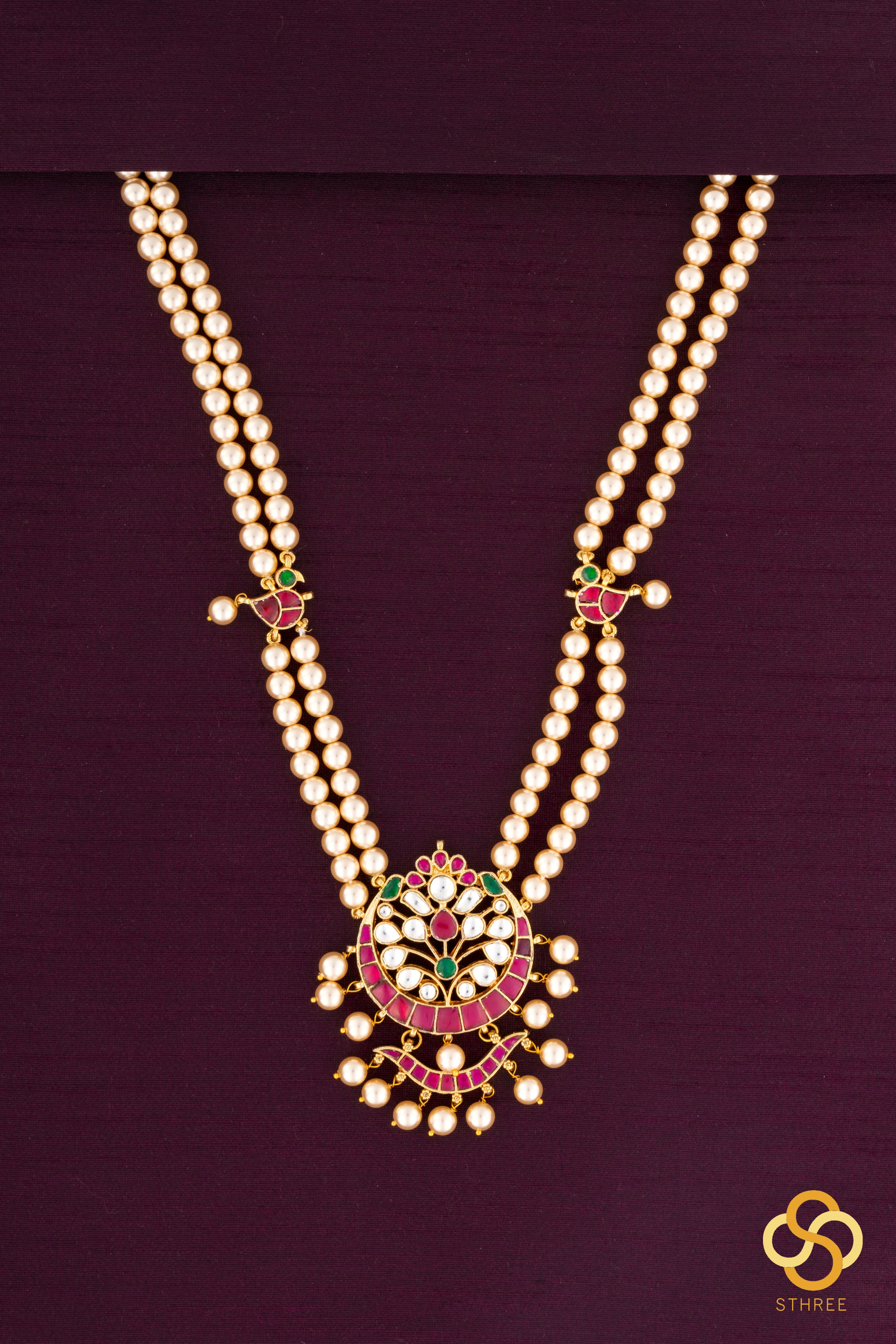 Swarovski two-liner pearls with a chandbali pendant - Kemp red