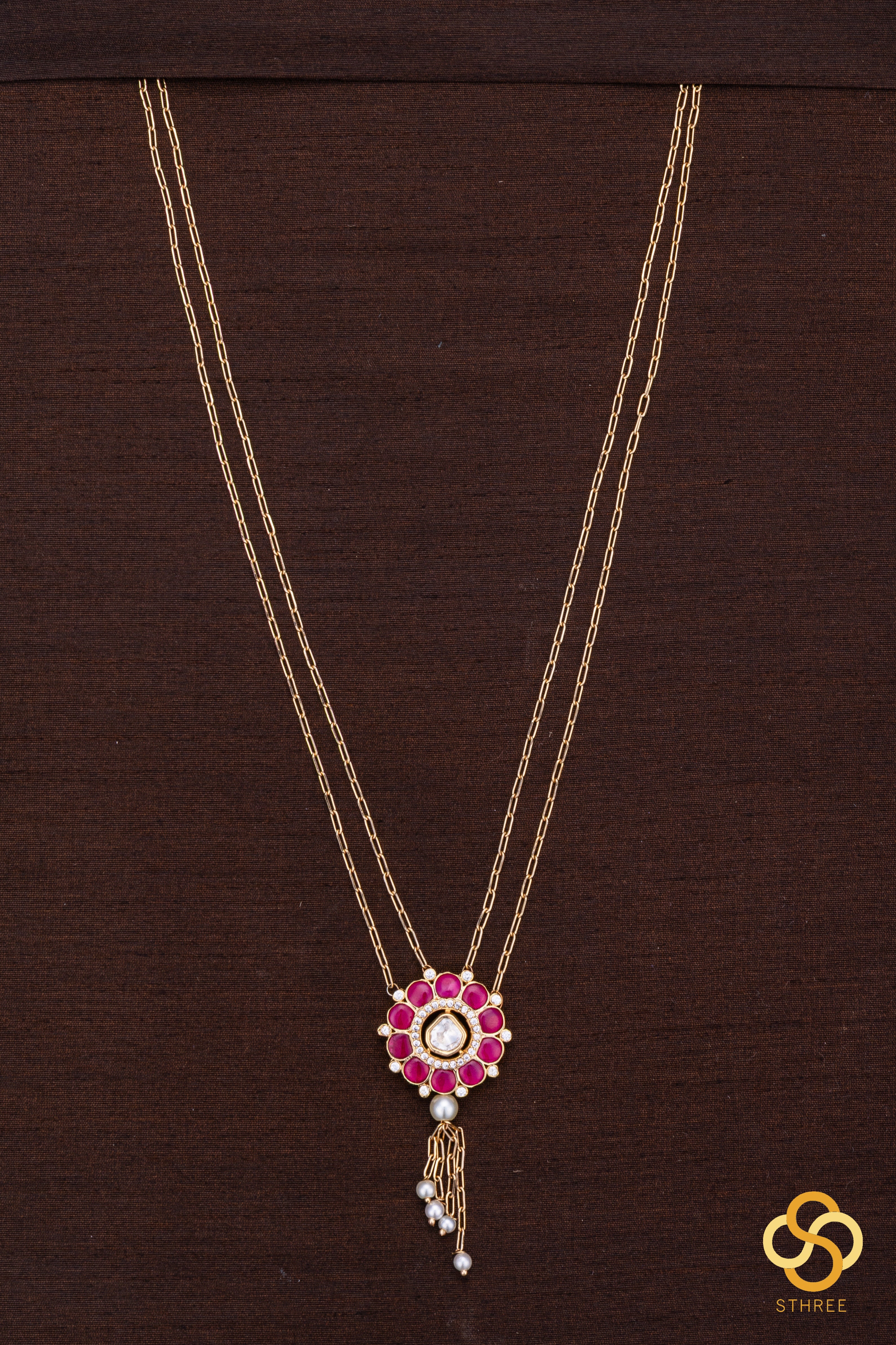 Layered Kundan necklace - Ruby red with pearls