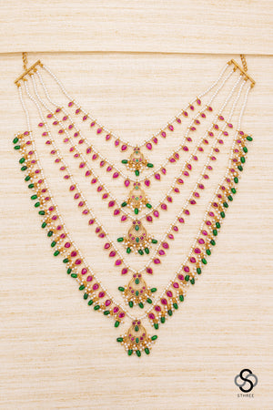 Panch lada - Ruby red kundan with pearls