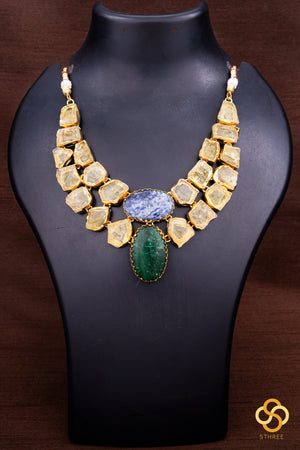 Druzy Raw stone necklace - Citrine yellow with Emerald green