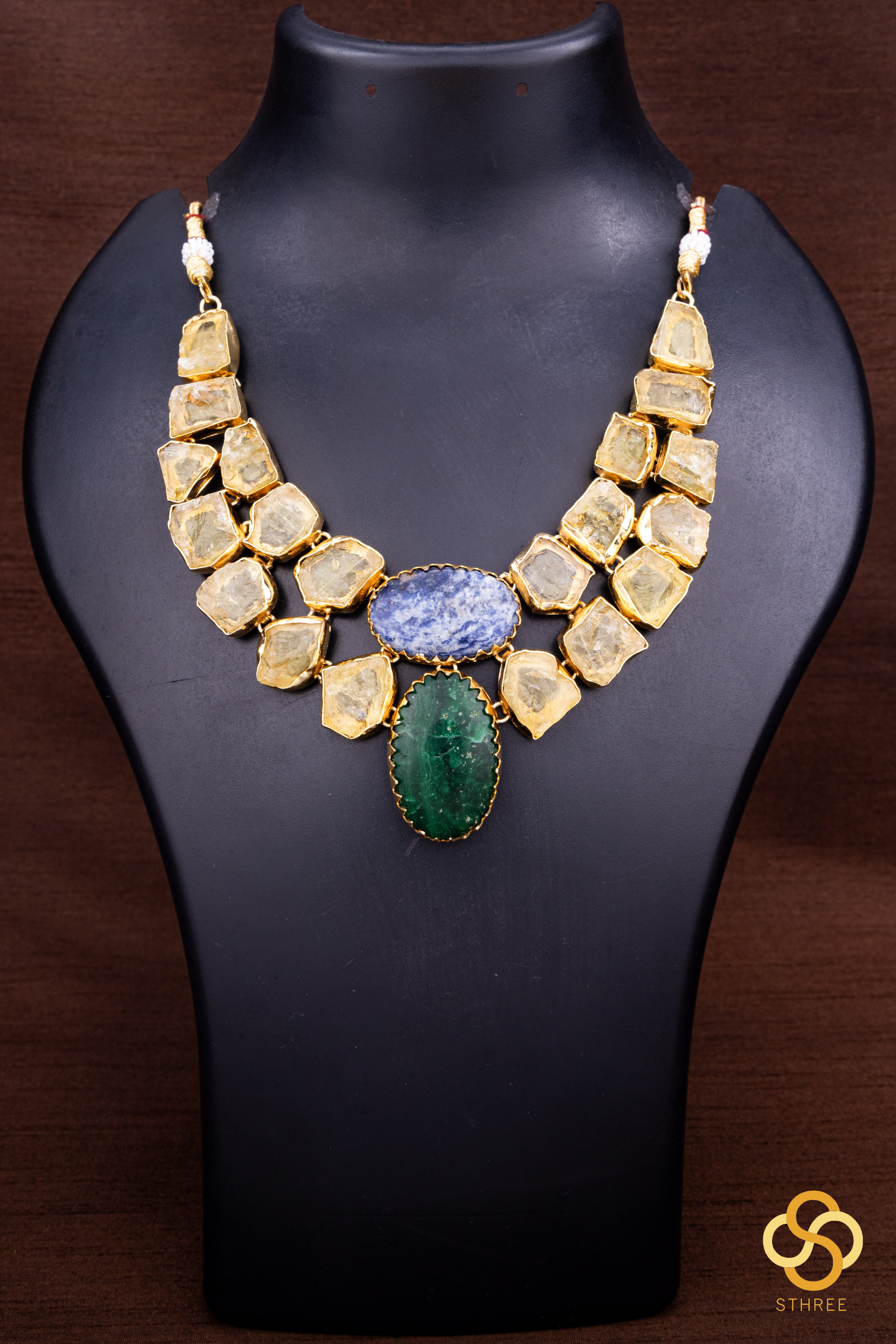 Druzy Raw stone necklace - Citrine yellow with Emerald green