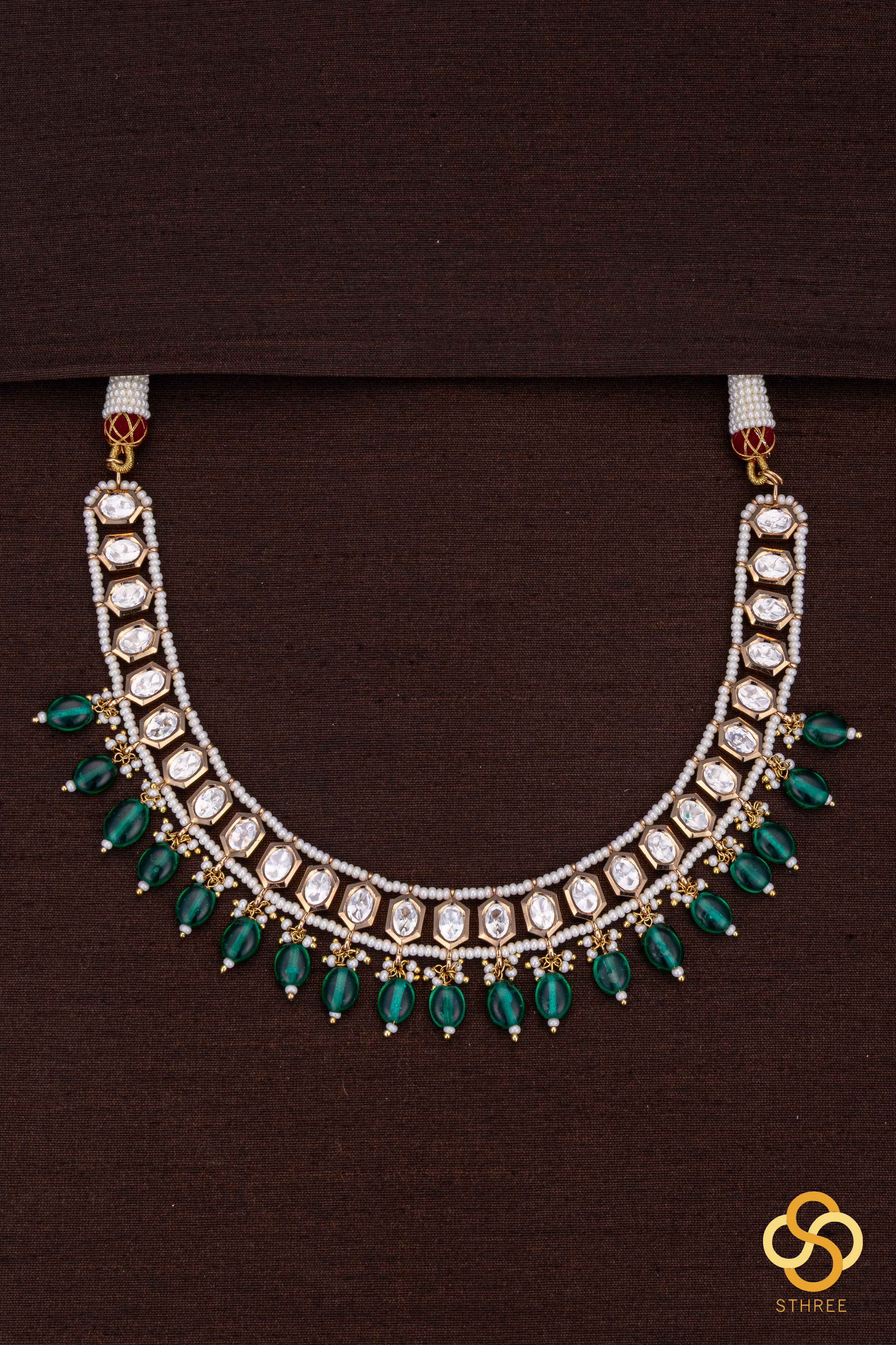 Kundan with pearls and green beads hangings