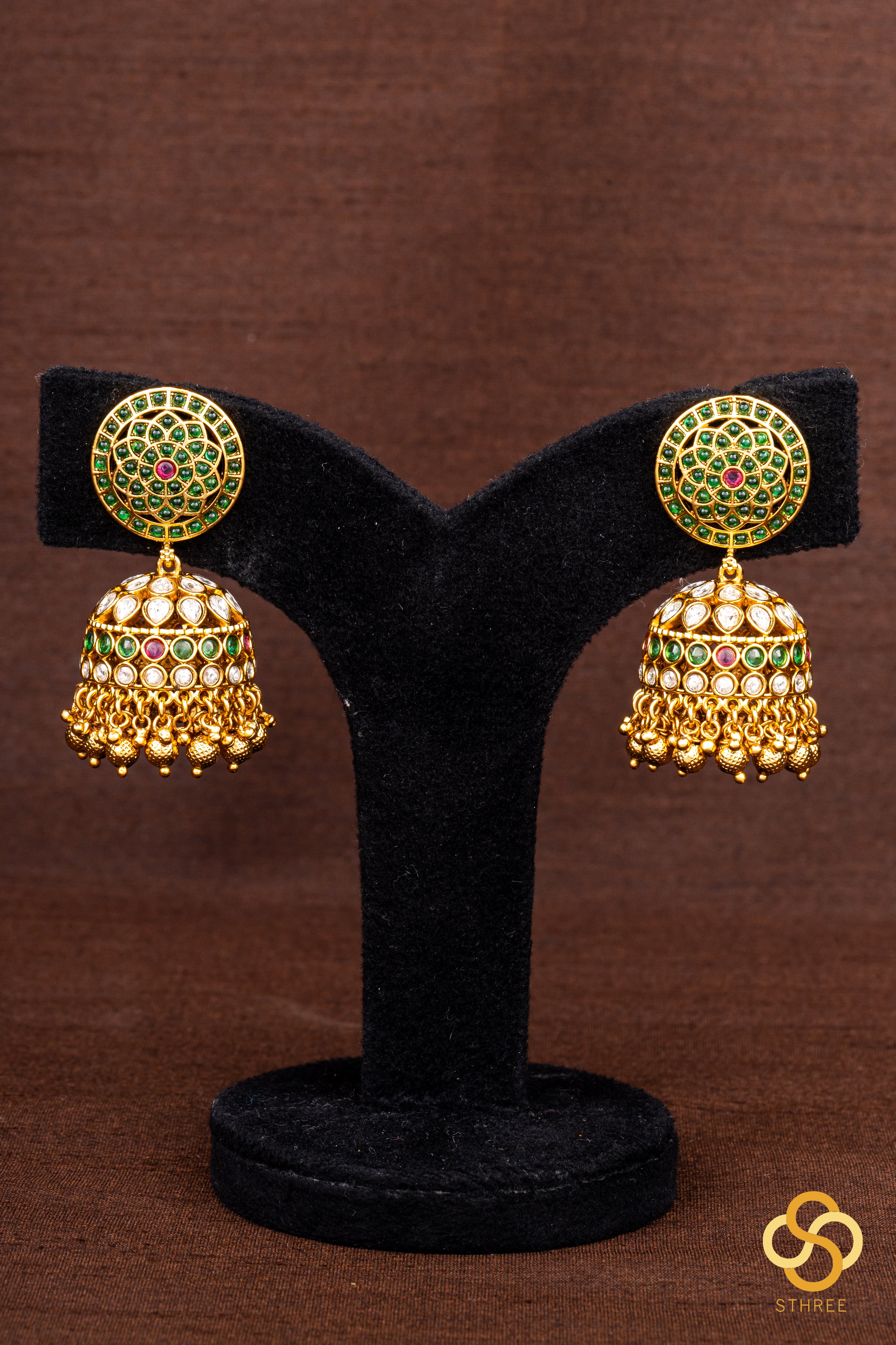 Jhumkas - Emerald green and white uncut