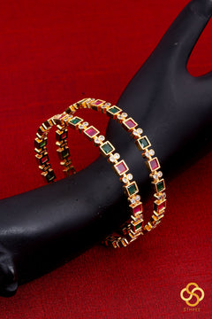Square cut  stones with Zircons - Ruby red and green