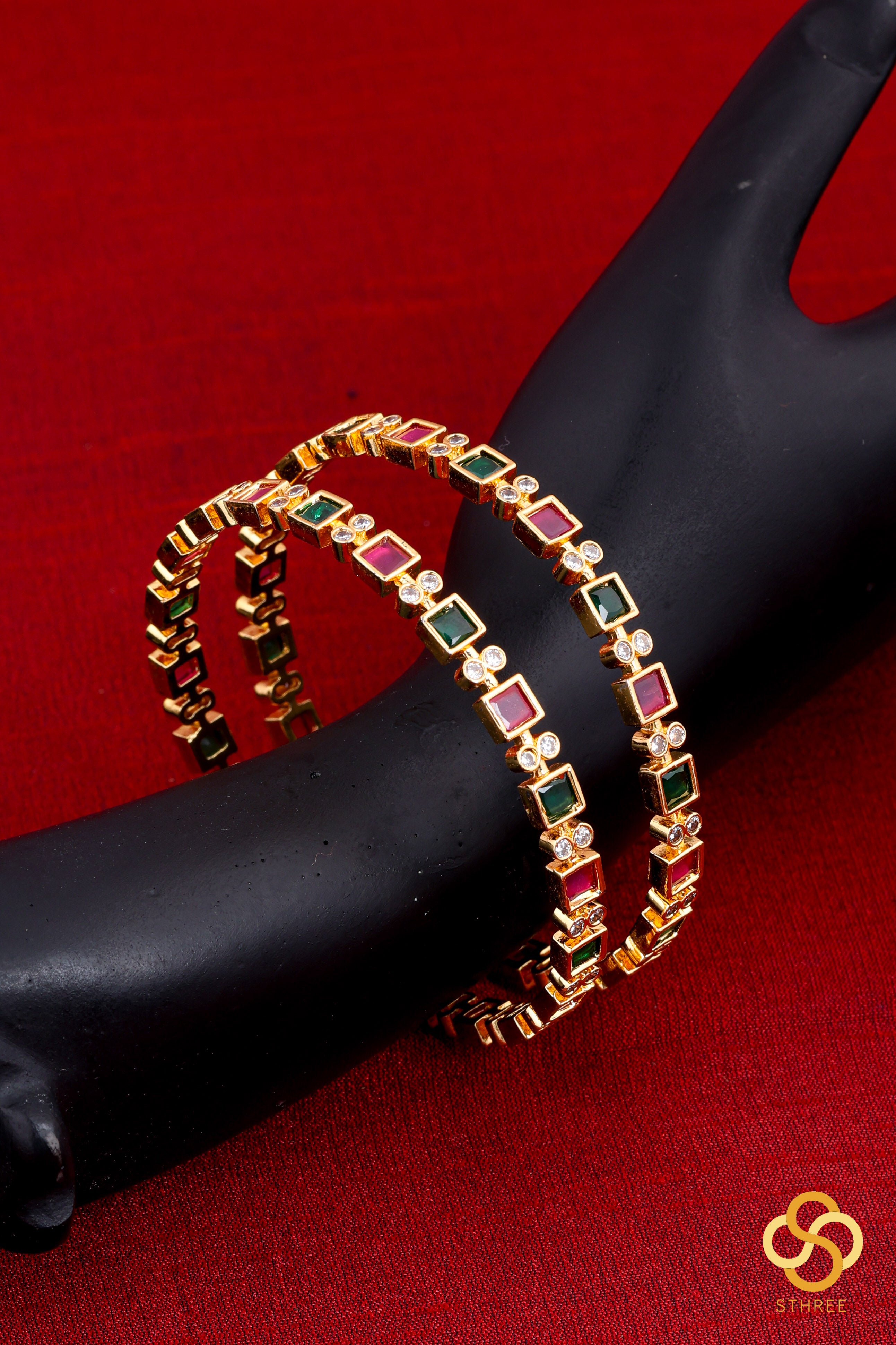 Square cut  stones with Zircons - Ruby red and green