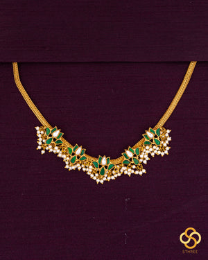Five lotus necklace set - Emerald green with pearls
