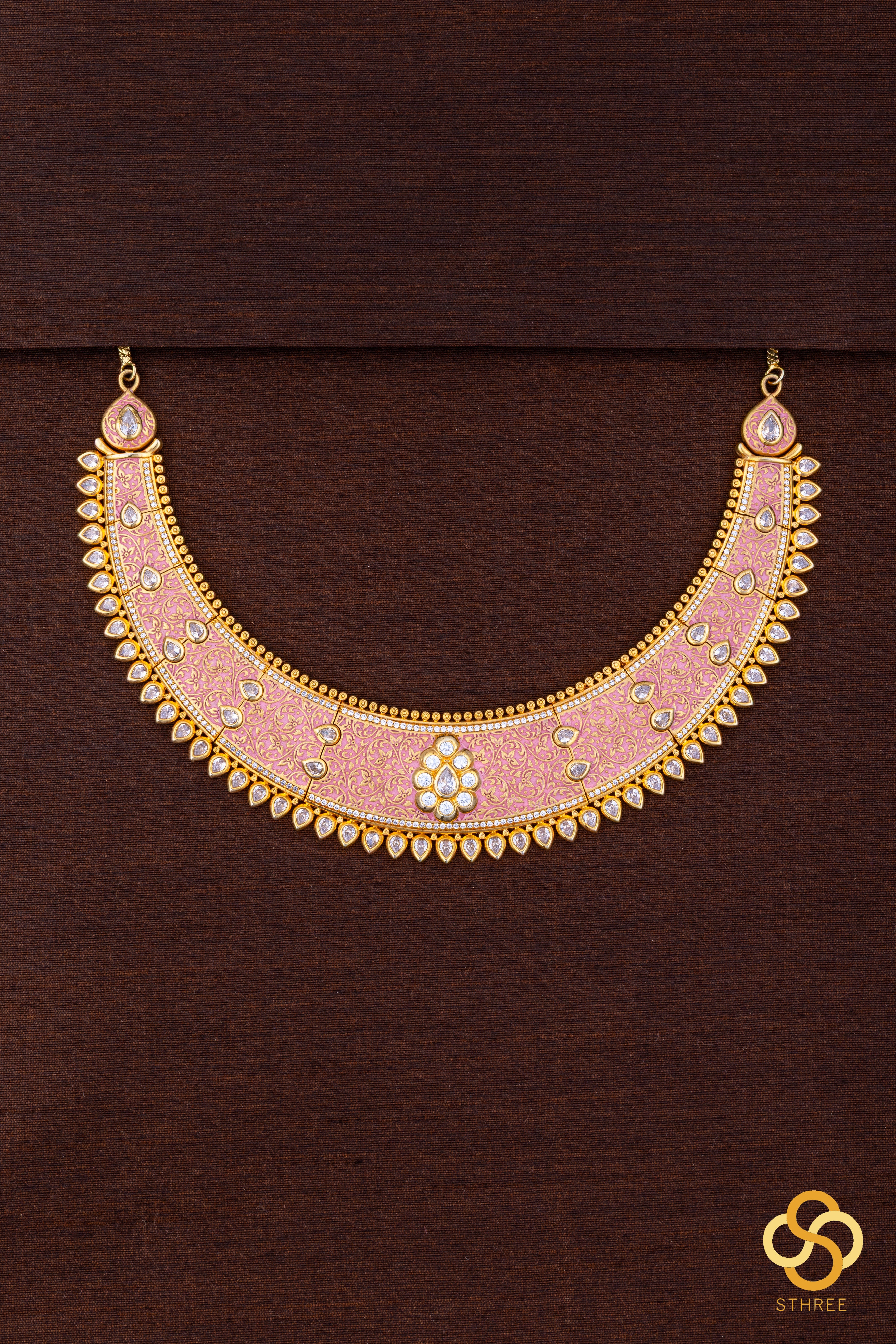Rajwadi choker - Hasli with pink meenakari work with uncut zircons