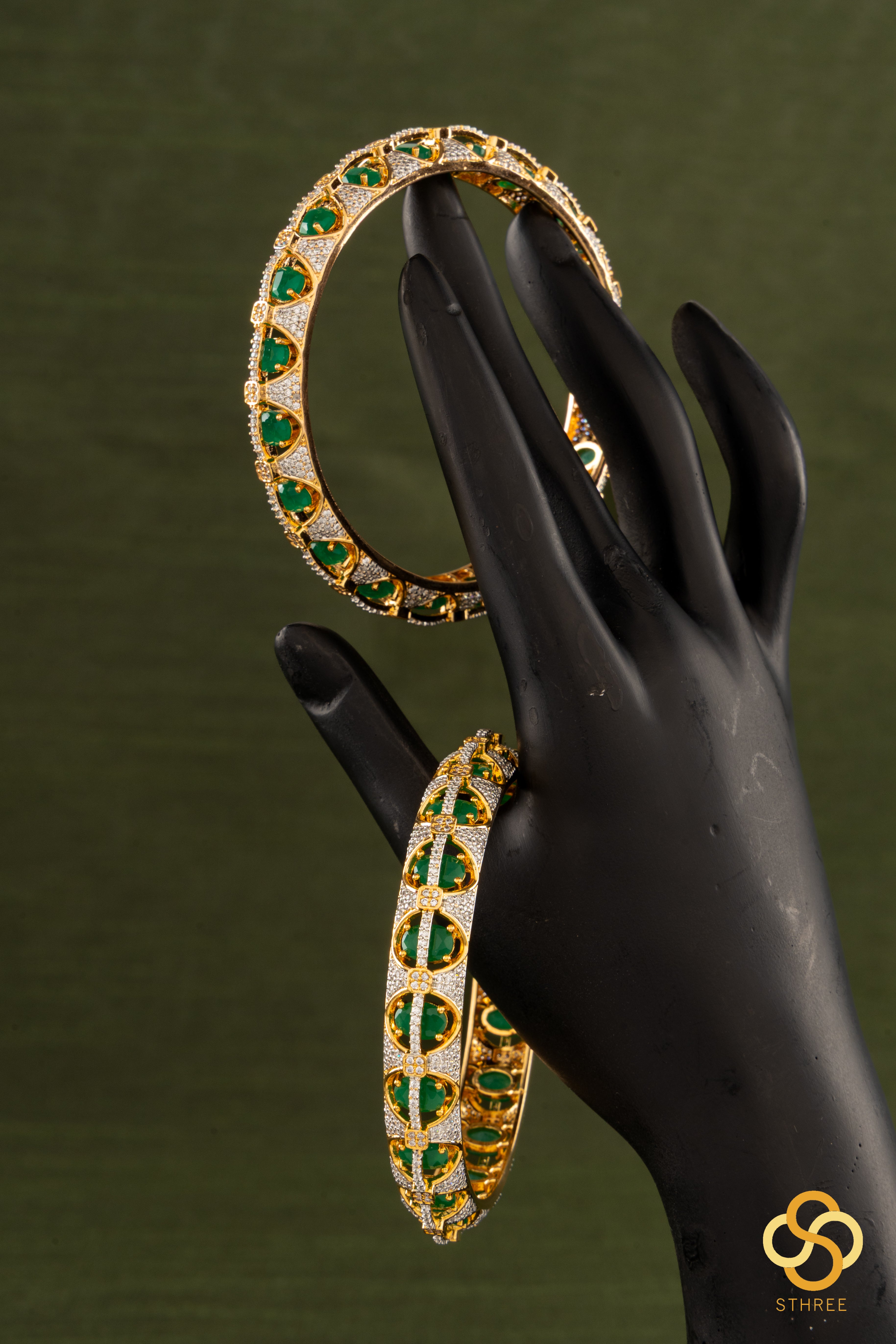 Emerald green and white zircons -  diamond pattern bangles