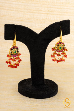 Chandbali hanging - Jadau kundan  - Red and White