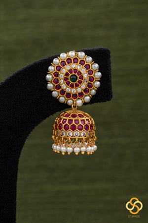 Ruby red and pearl jhumkas